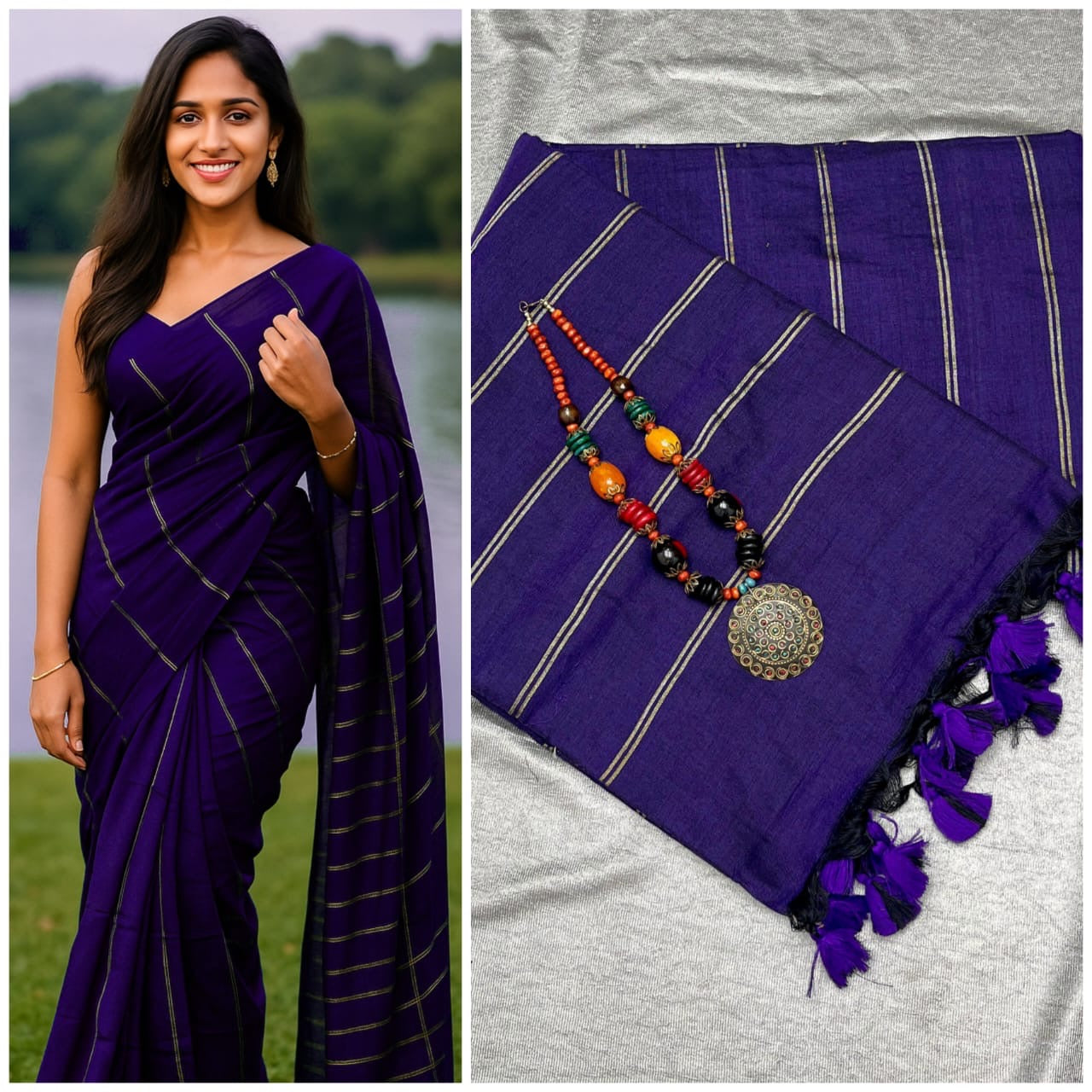 PREMIUM DUAL STRIPE KHADI COTTON SAREES - PURPLE