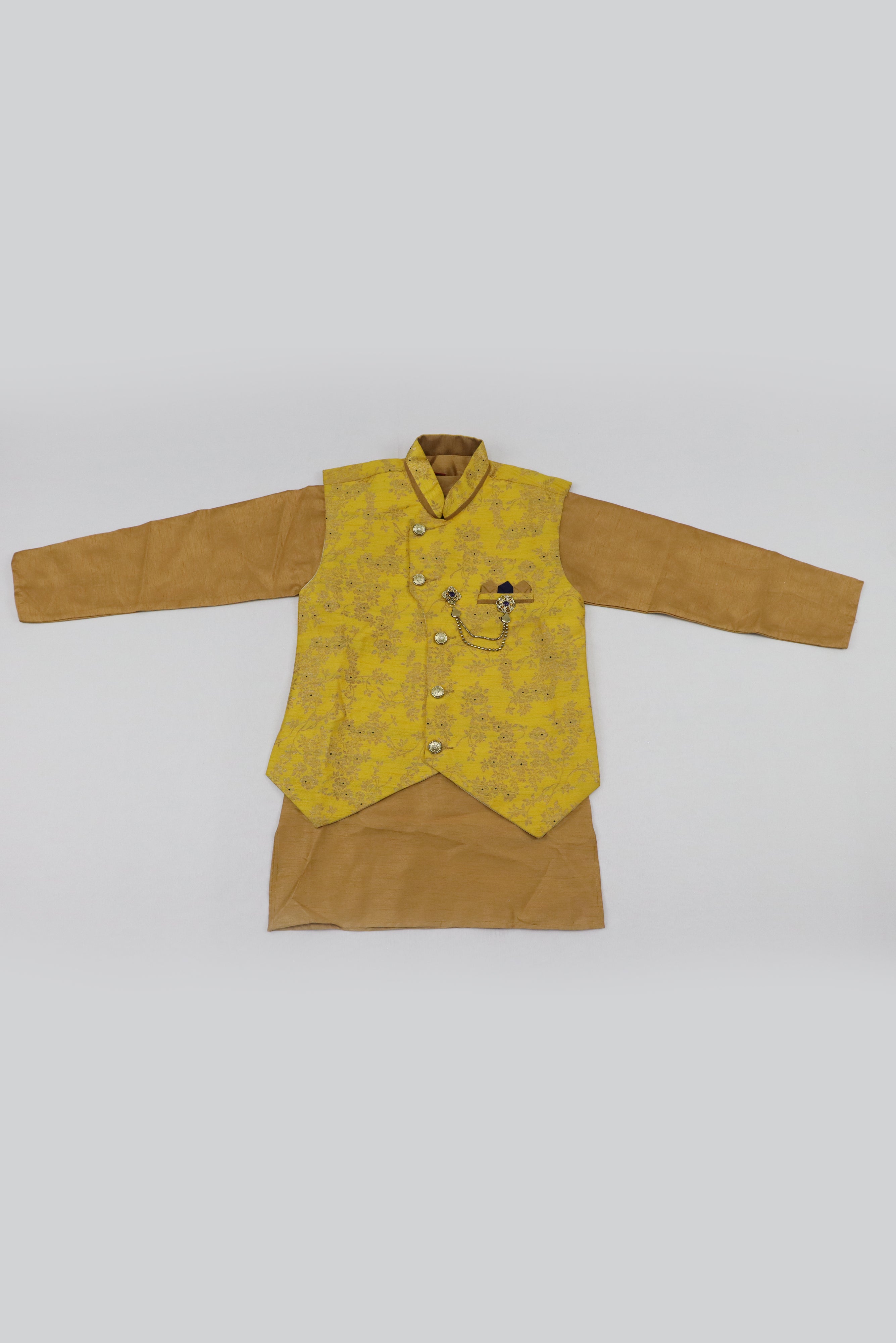 MUSTARD YELLOW BOYS 3PCS KURTA PYJAMA WITH JACKET IN FLORAL PATTERN GRABO365