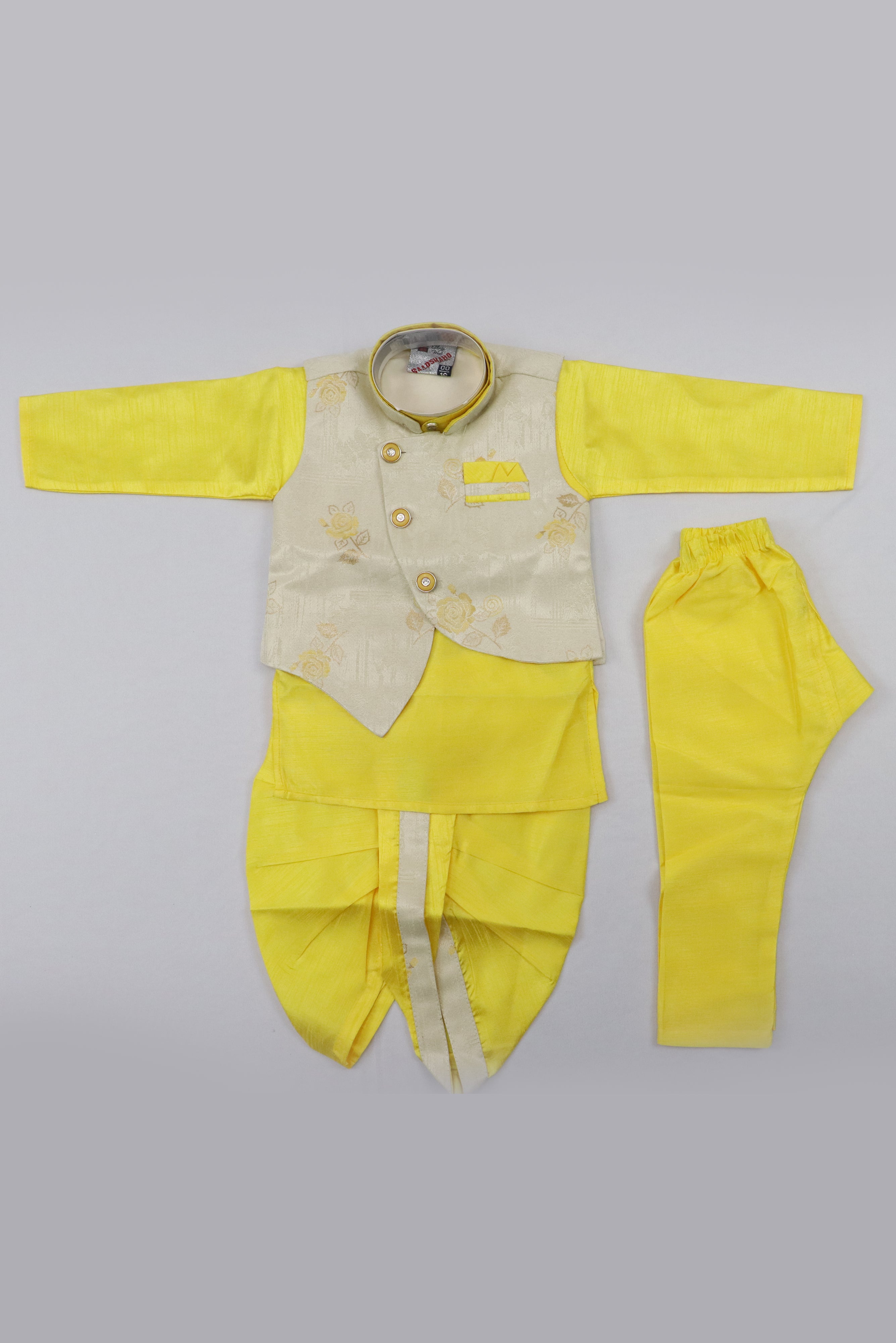 YELLOW AND CREAM BABY BOYS 4PCS KURTA PYJAMA WITH JACKET IN FLORAL PATTERN GRABO365