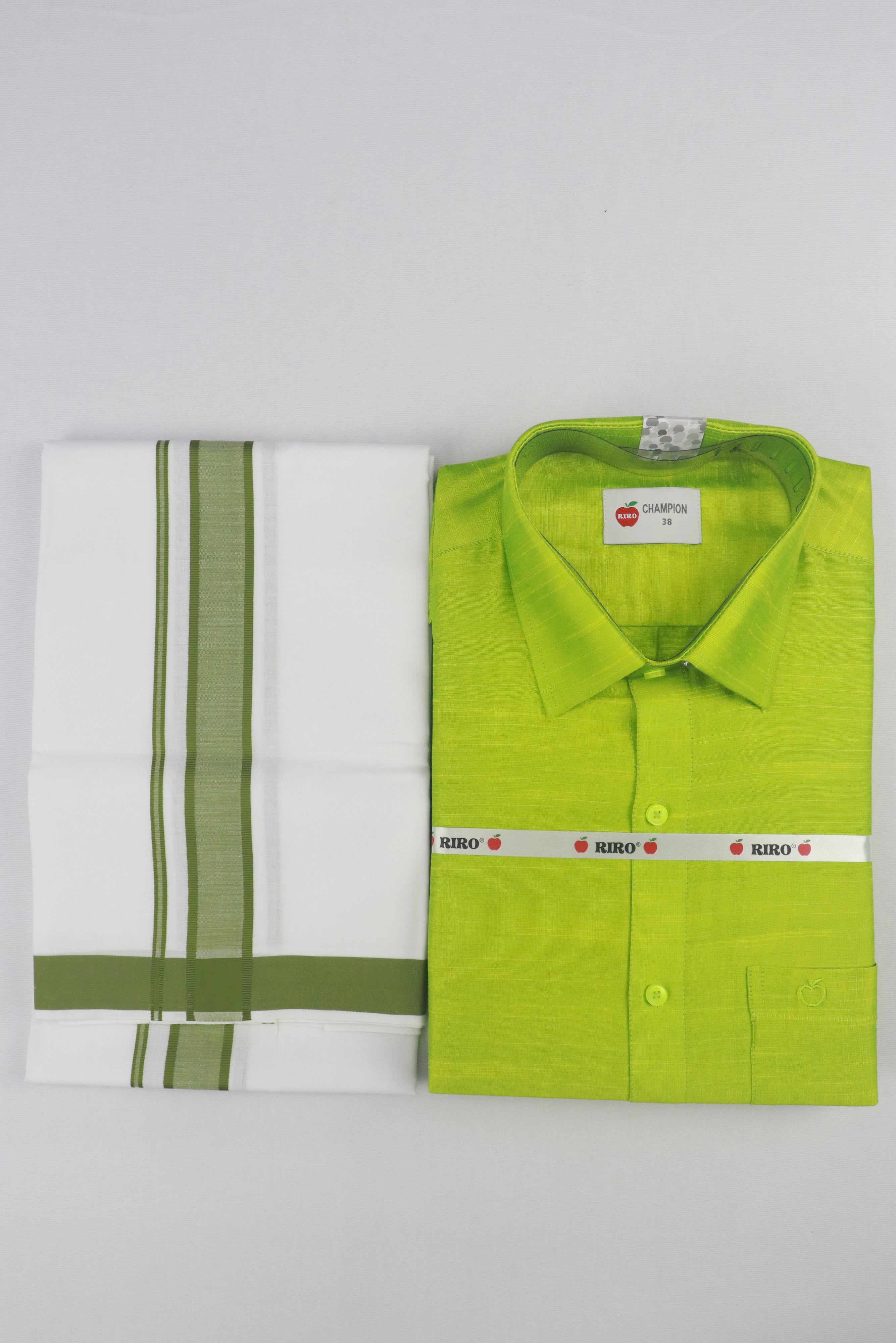 MEN'S MATCHING FANCY BORDER SINGLE DHOTI & SHIRT SET- LIME GREEN GRABO365