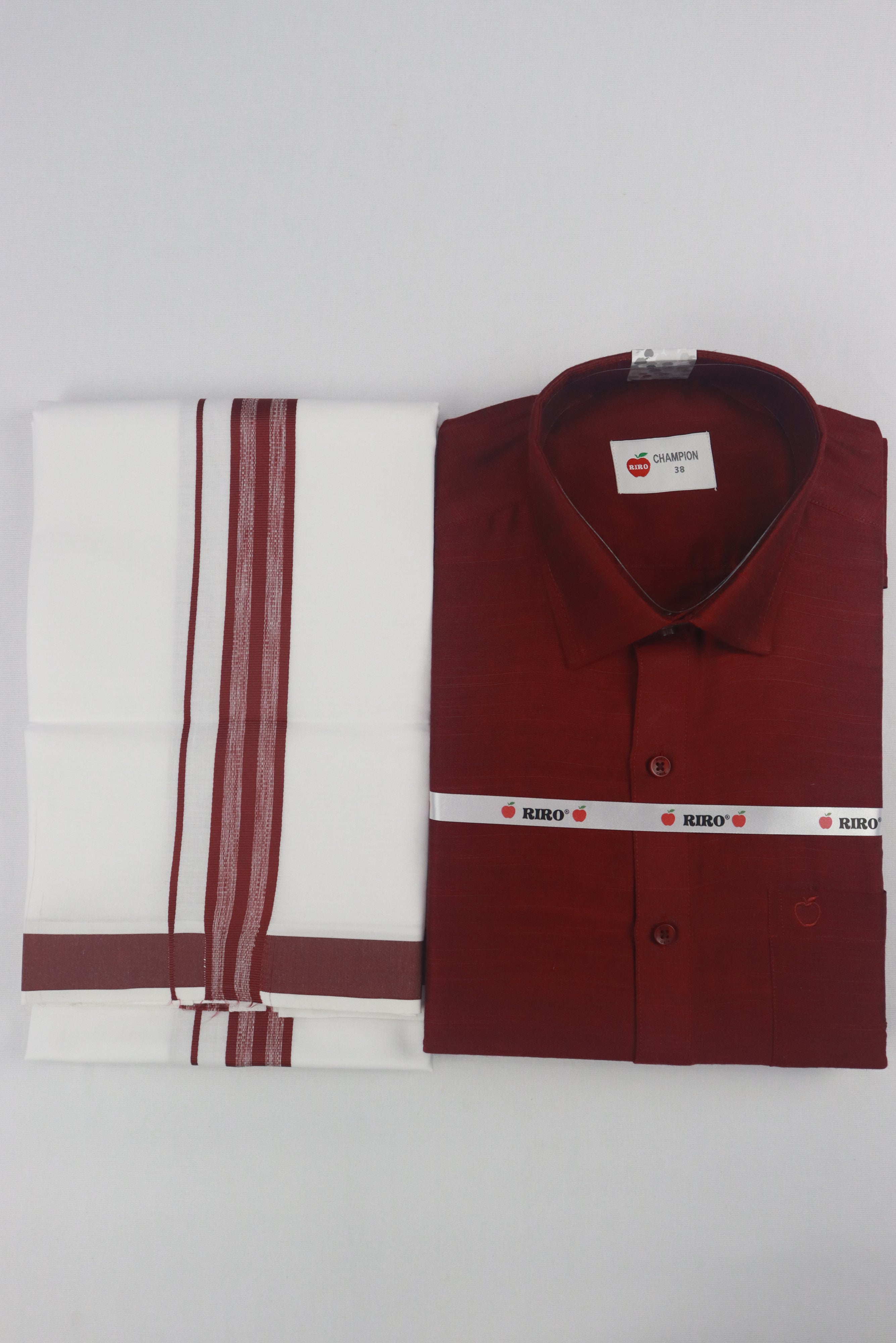 MEN'S MATCHING FANCY BORDER SINGLE DHOTI & SHIRT SET- MAROON GRABO365