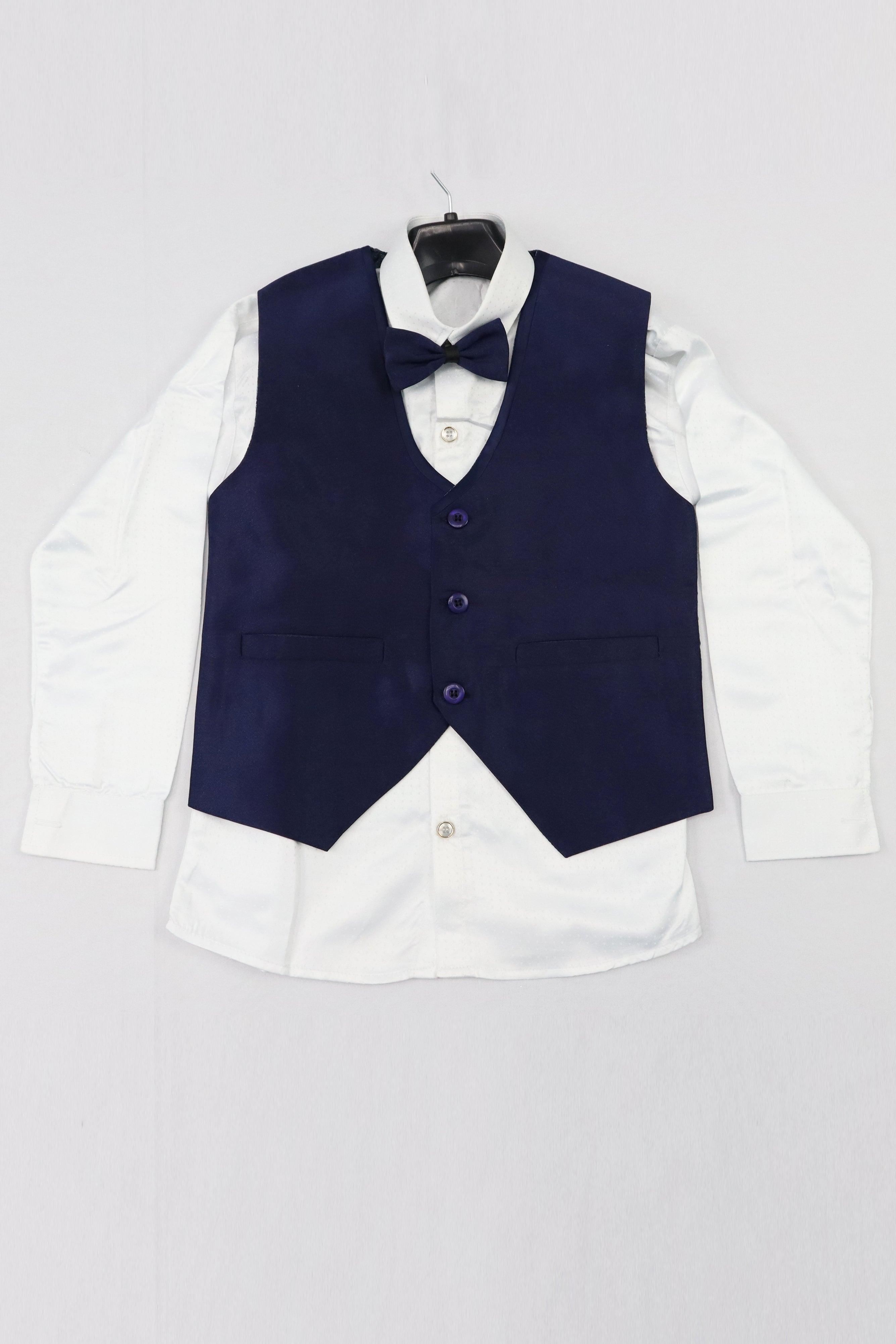 KIDS BOYS INDO WESTERN 5 PIECE SUIT SET WITH BLAZER BROOCH - NAVY BLUE AND WHITE GRABO365