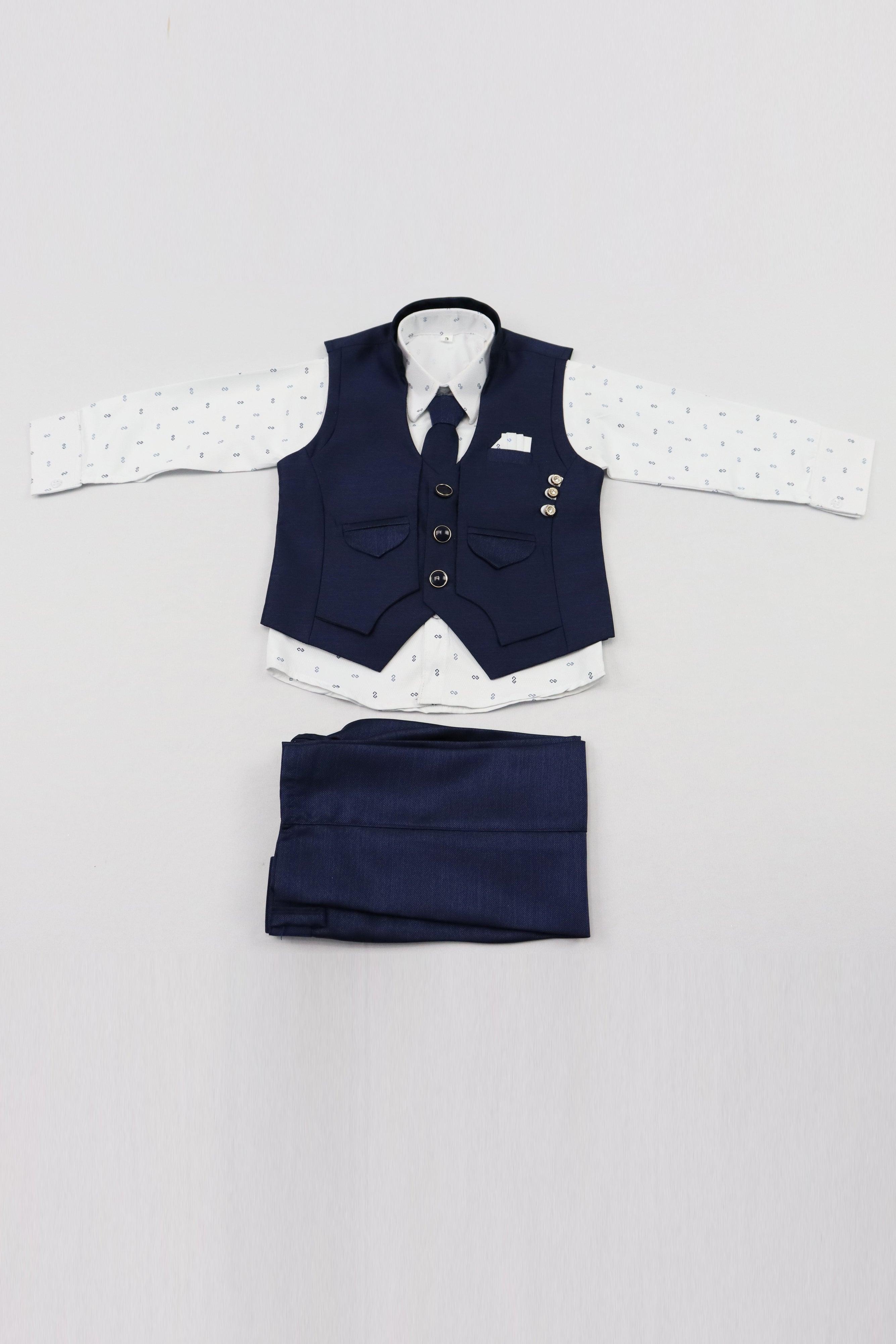 KIDS BOYS INDO WESTERN 4 PIECE SUIT SET WITH NECKTIE - NAVY BLUE AND WHITE GRABO365