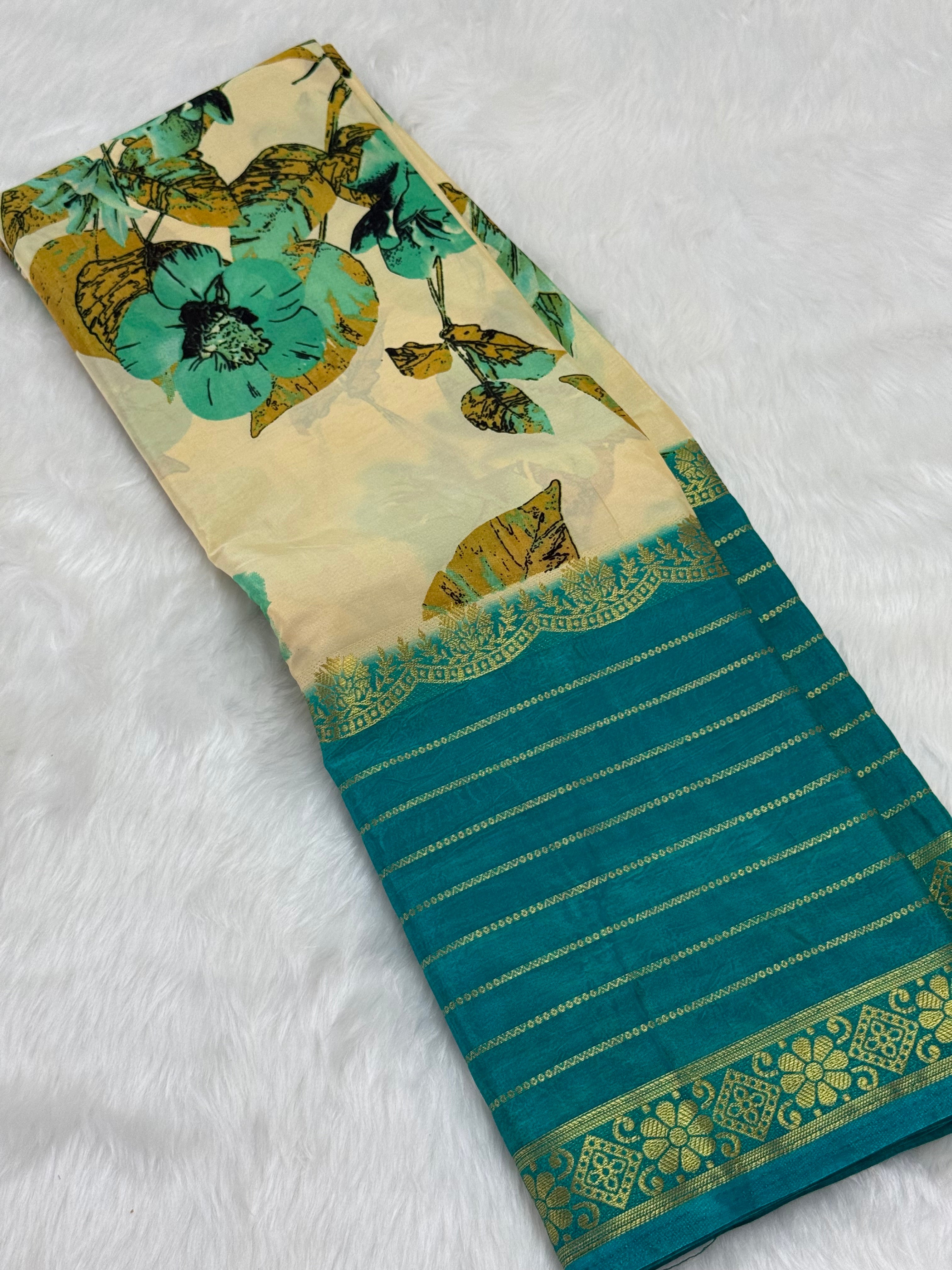 KALAMKARI PURE QUALITY MYSORE SILK SAREE - TURQUOISE BLUE