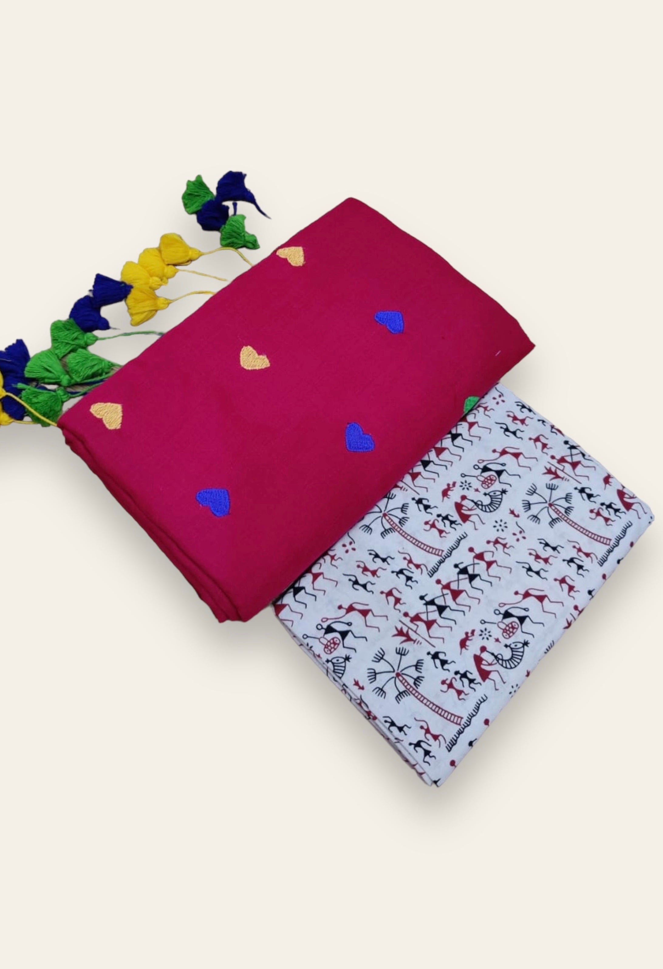 MULTICOLOUR LOVE EMBROIDERY KHADI COTTON SAREE - PINK