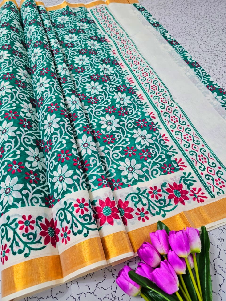 PRINTED WORK KERALA COTTON SAREES