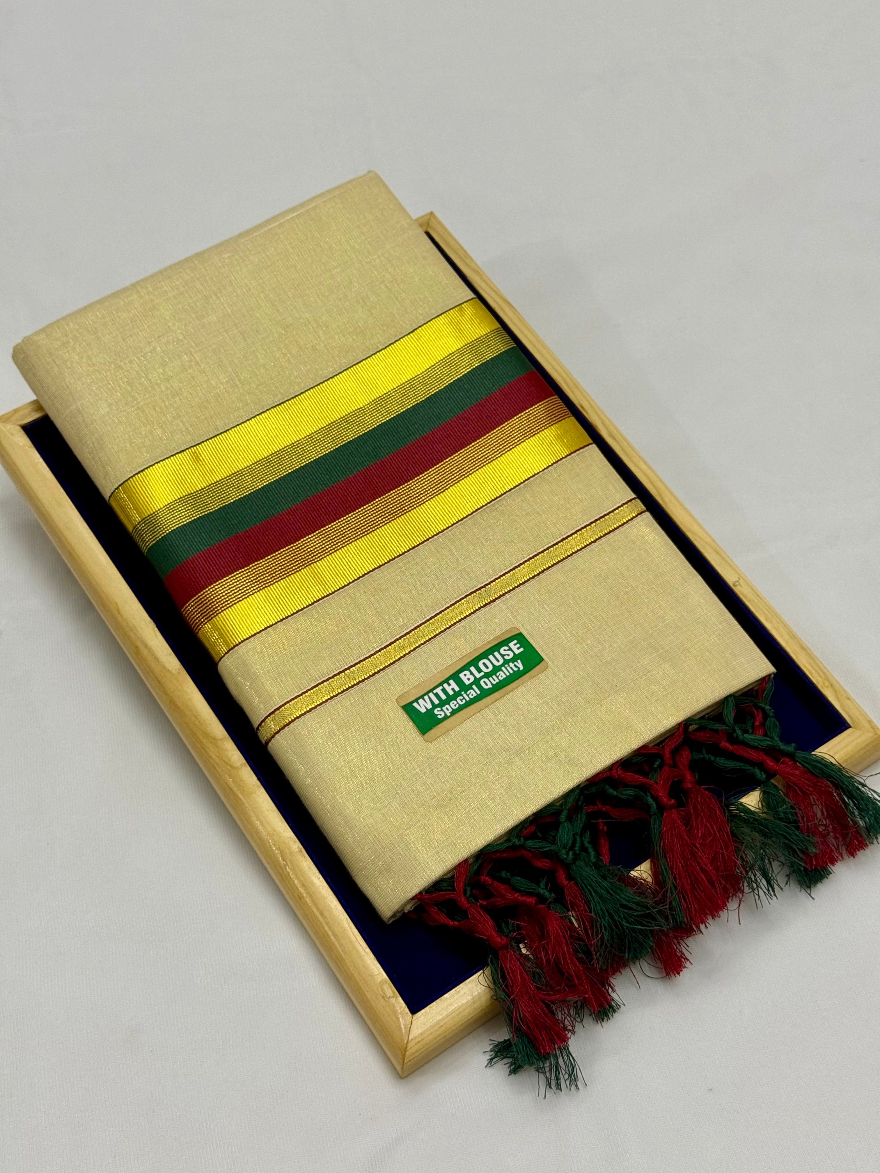 MULTI COLOUR STRIPES GOLDEN KASAVU TISSUE SAREE