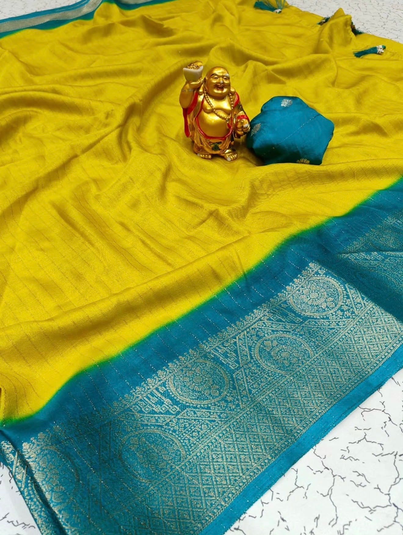 FANCY DOLLA SILK SAREE - YELLOW AND TEAL