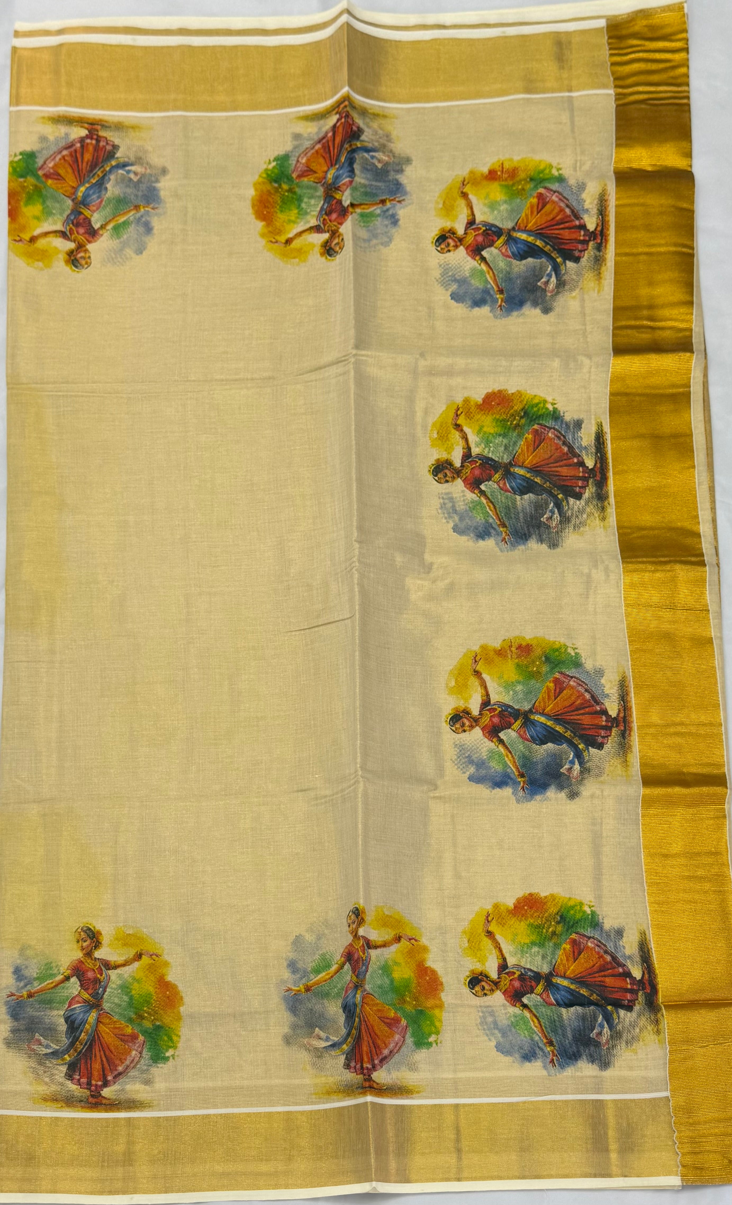 MURAL ART KASAVU TISSUE KERALA SAREE (GOLD,CREAM)