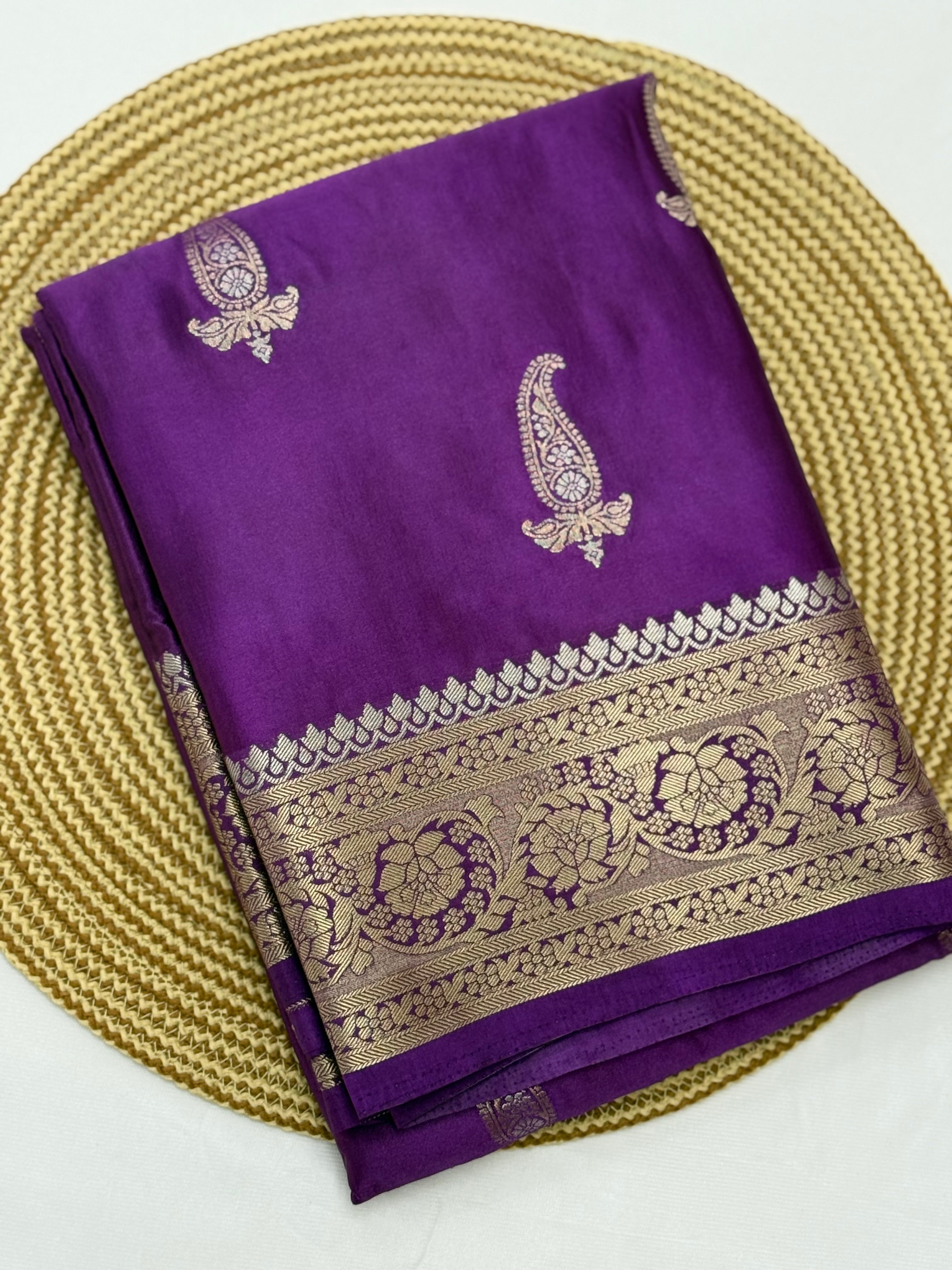 BEAUTIFUL SATIN CREPE SILK SAREE - EGGPLANT