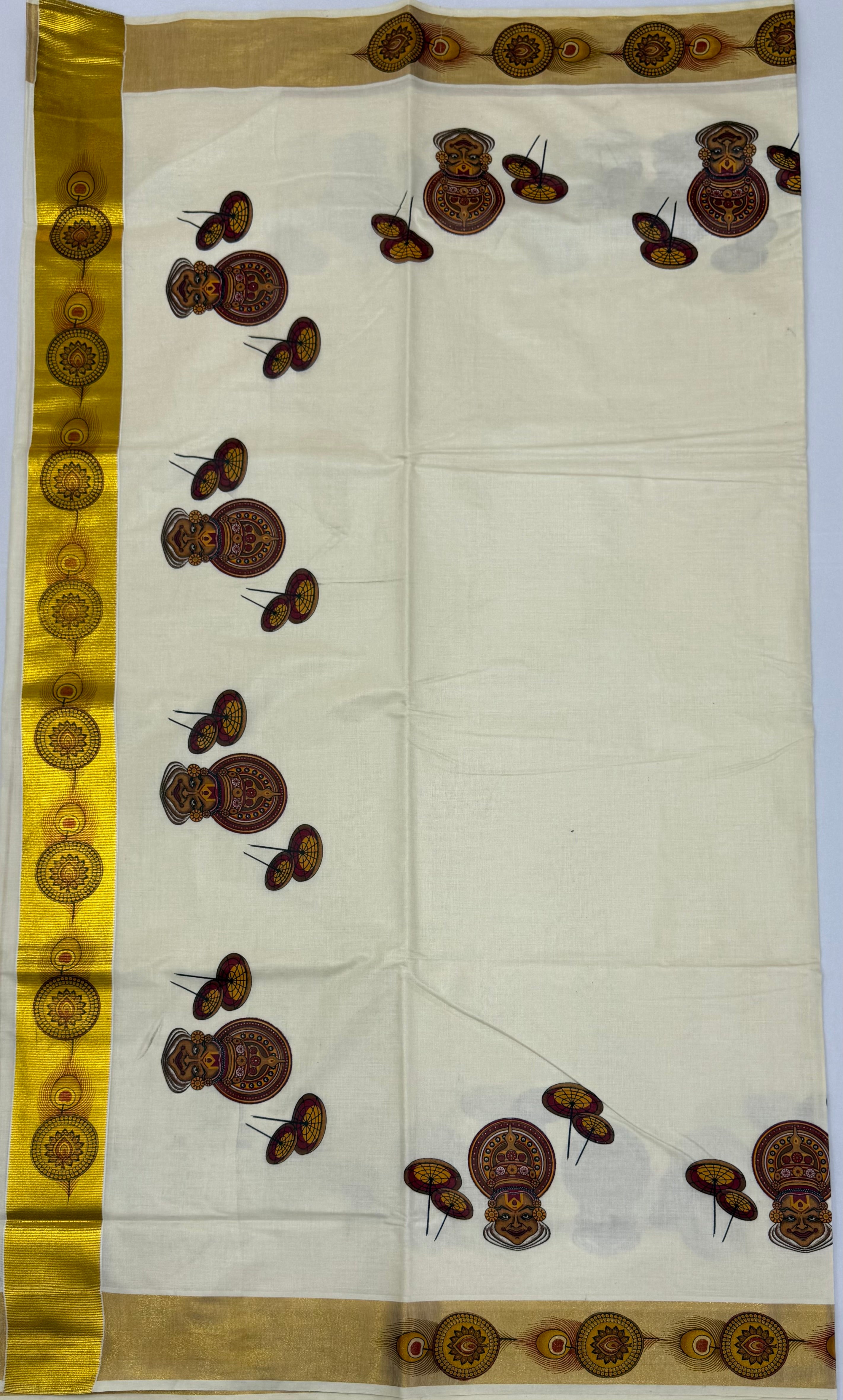 MURAL PAINTED/PRINTED KASAVU COTTON SAREE (GOLD)