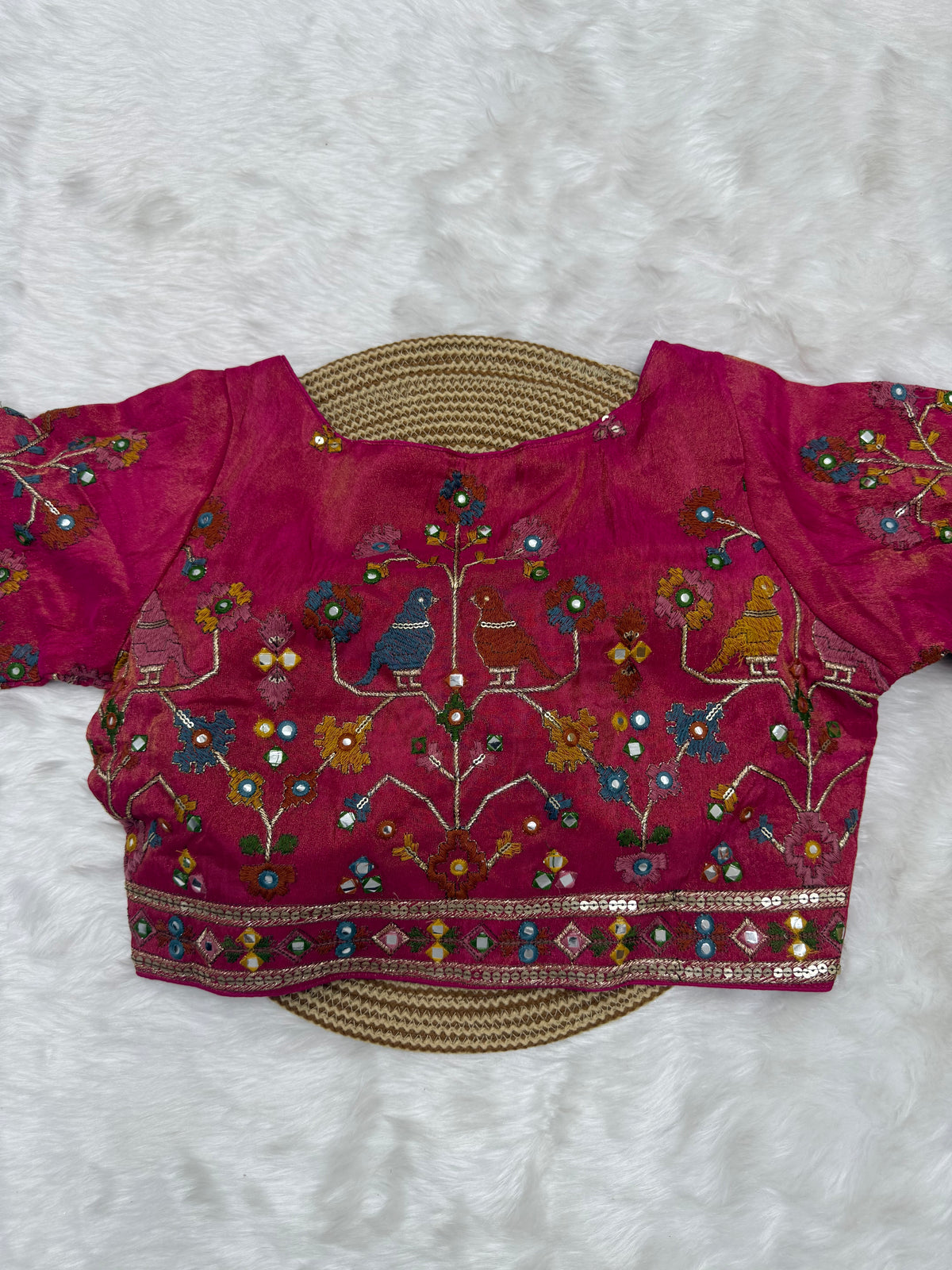 BRIDAL AARI WORK READY TO WEAR SAREE BLOUSE - RUBY PINK