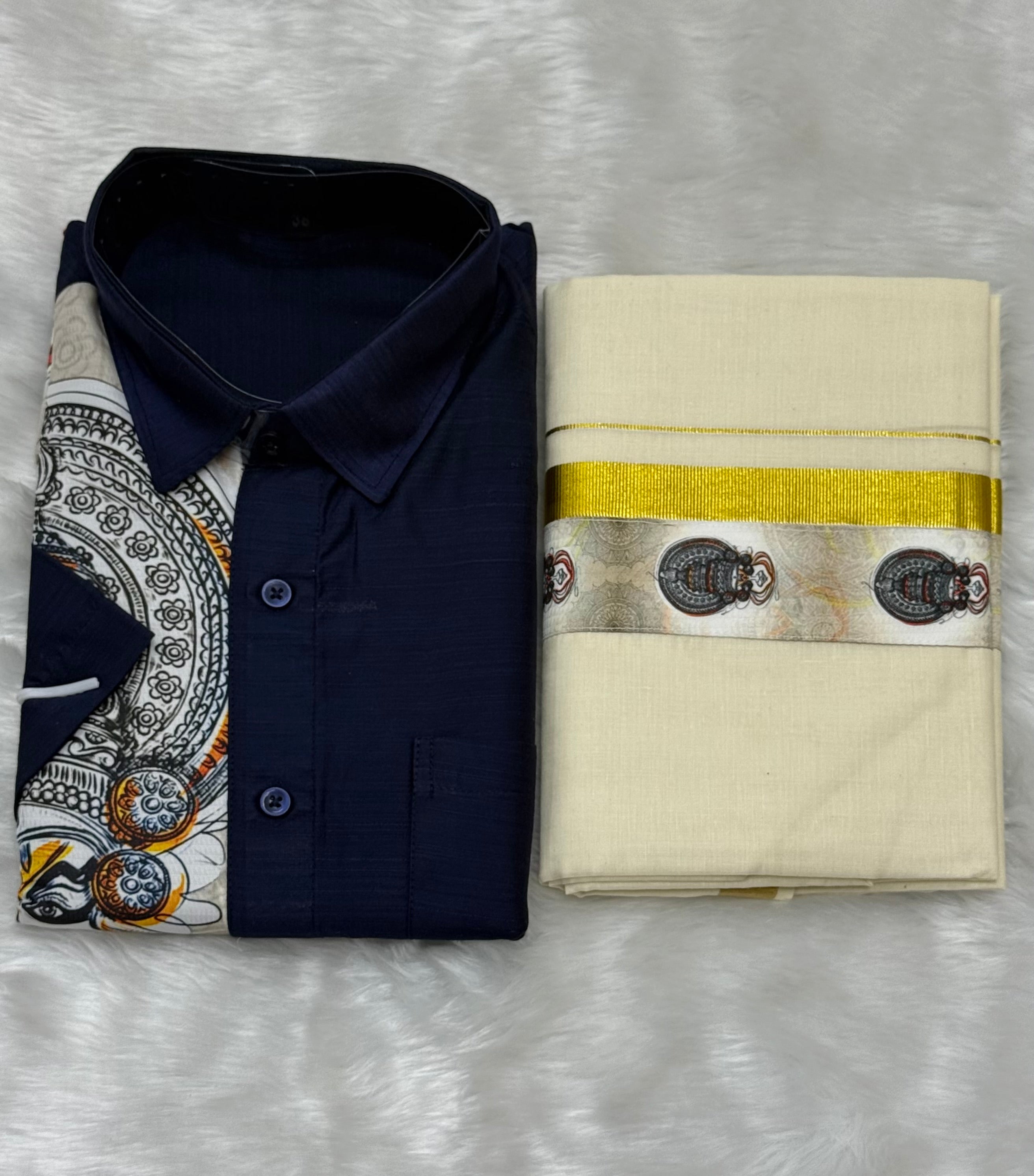 KADHAKALI HALF & HALF PRINTED SHIRT AND CREAM MUNDU COMBO - NAVY BLUE