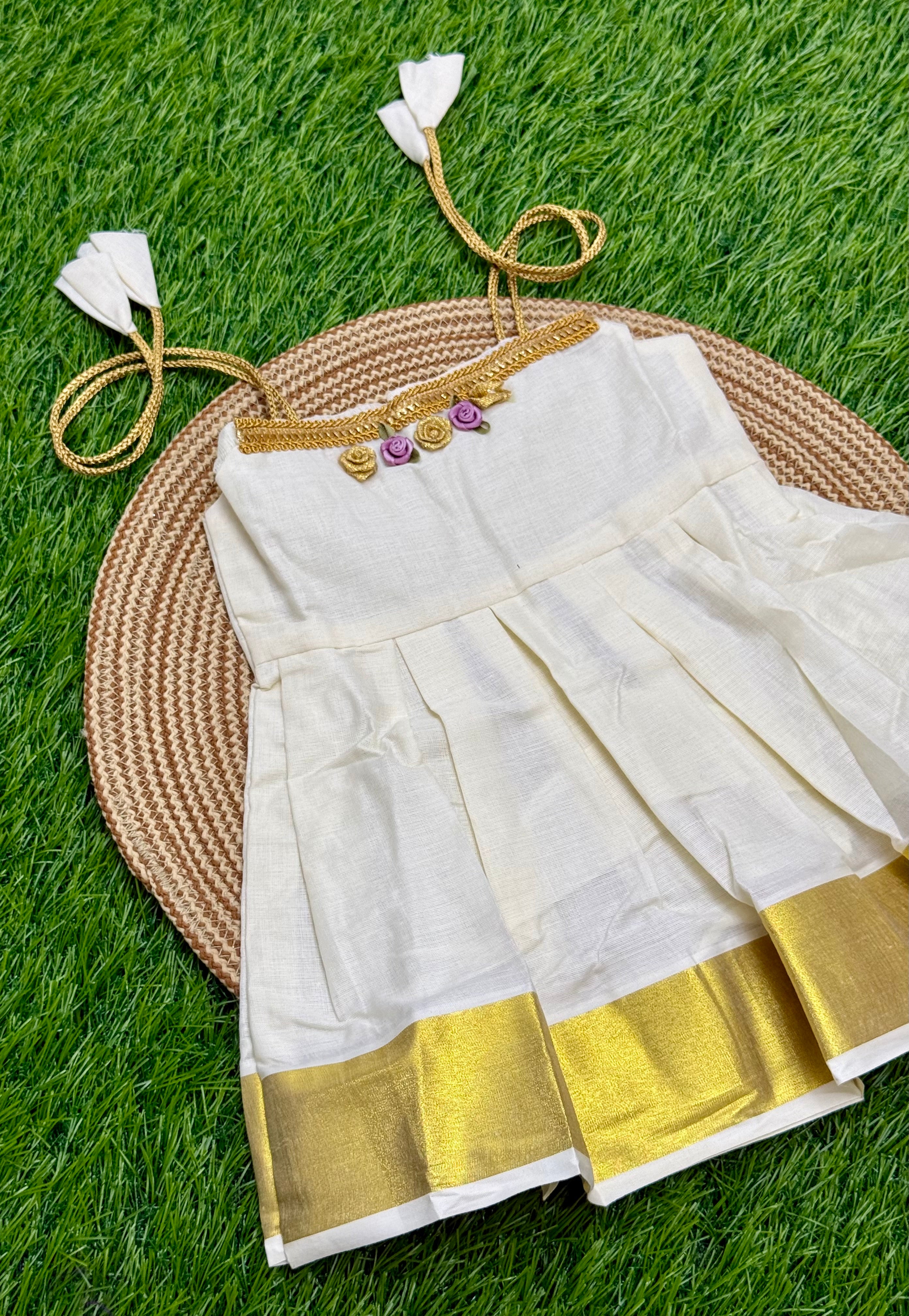 GIRL BABY KASAVU COTTON FROCK - GOLD & CREAM
