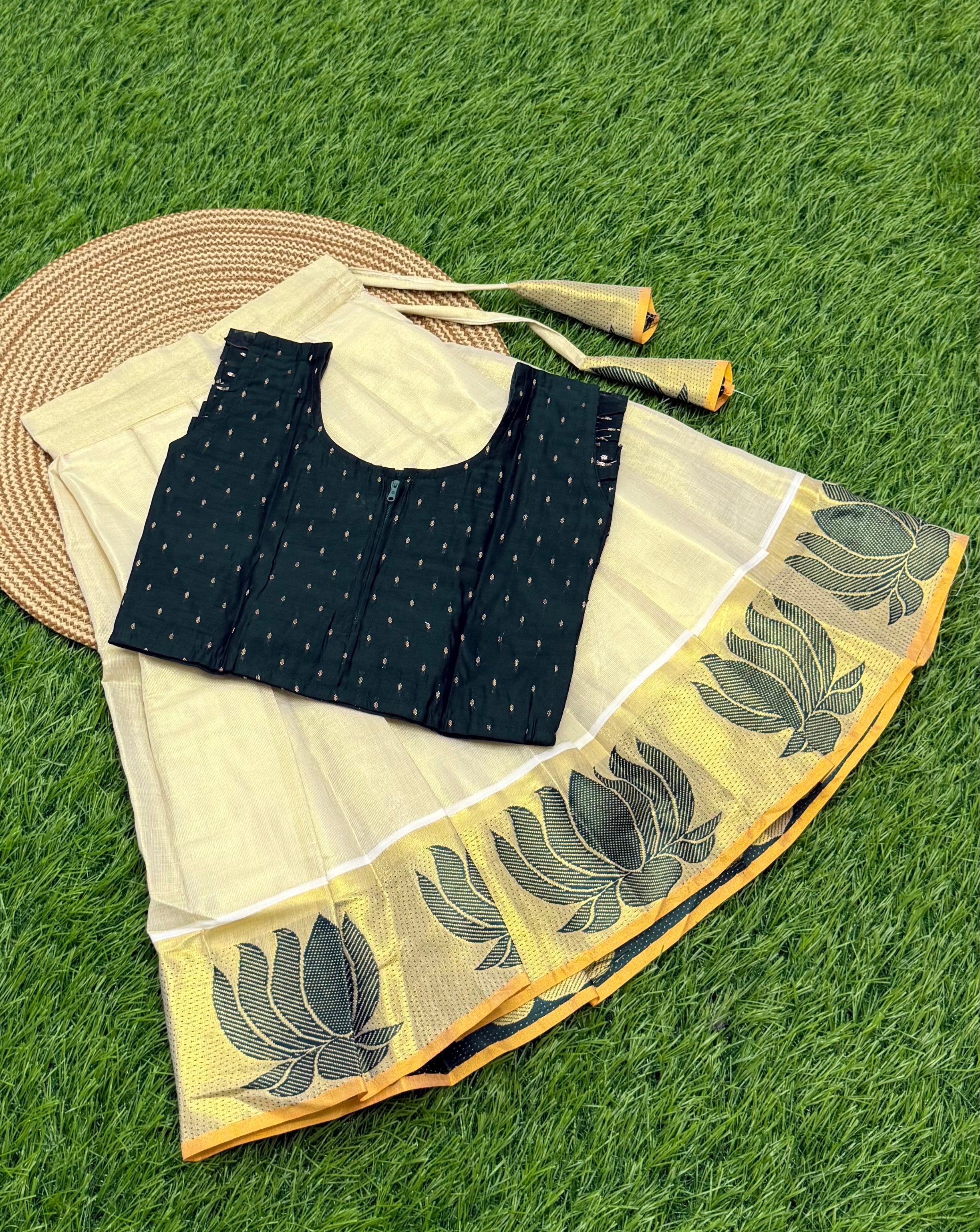 KIDS GIRL'S PATTU PAVADAI - CREAM & GREEN