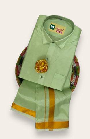 MEN'S PREMIUM SILK VELCRO DHOTI SHIRT SET - LIGHT GREEN