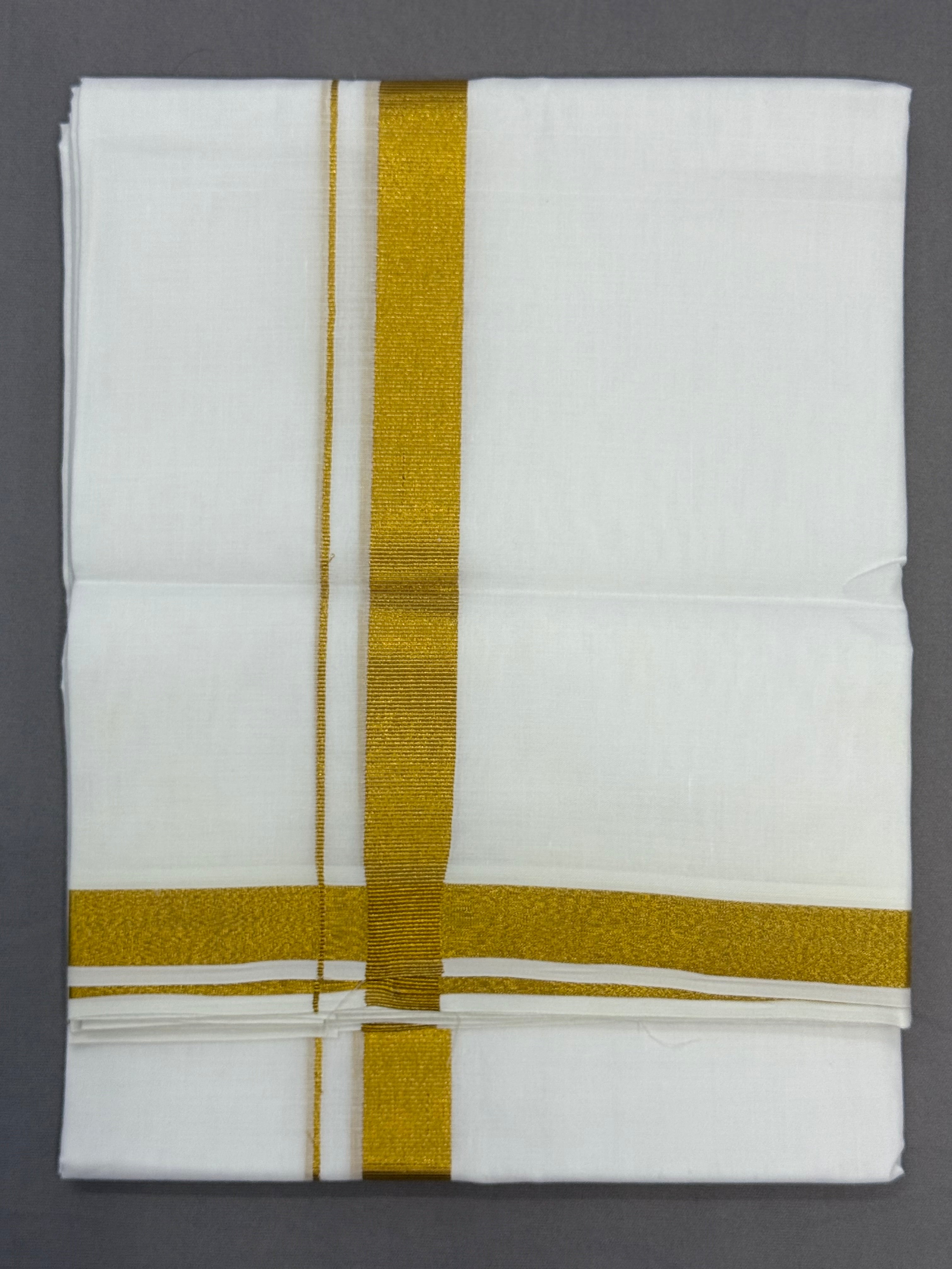 MEN'S DOUBLE DHOTI WHITE WITH GOLD ZARI BORDER 1"