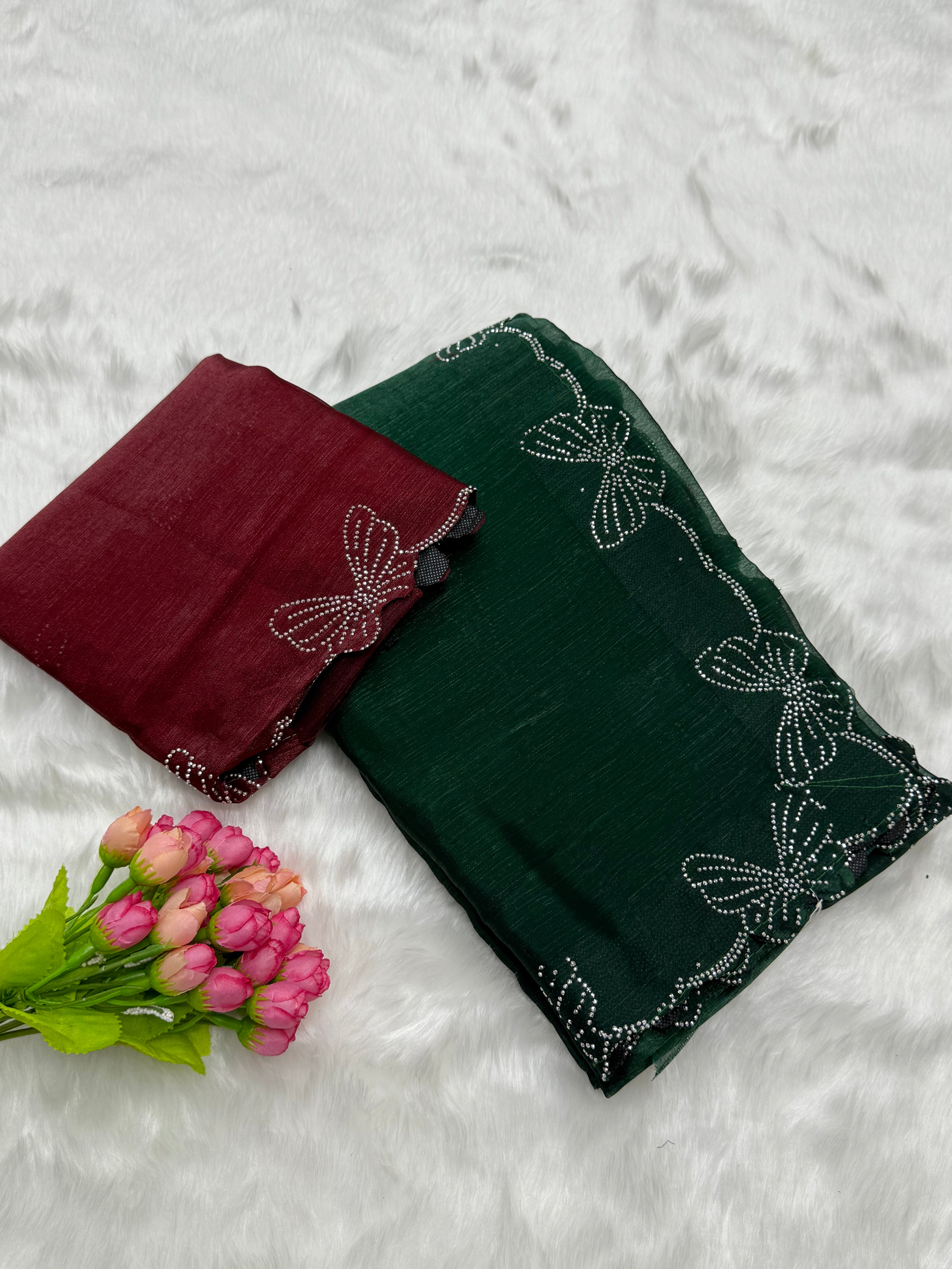 SPACE SILK BUTTERFLY DIAMOND WORK DESIGNER SAREE - GREEN