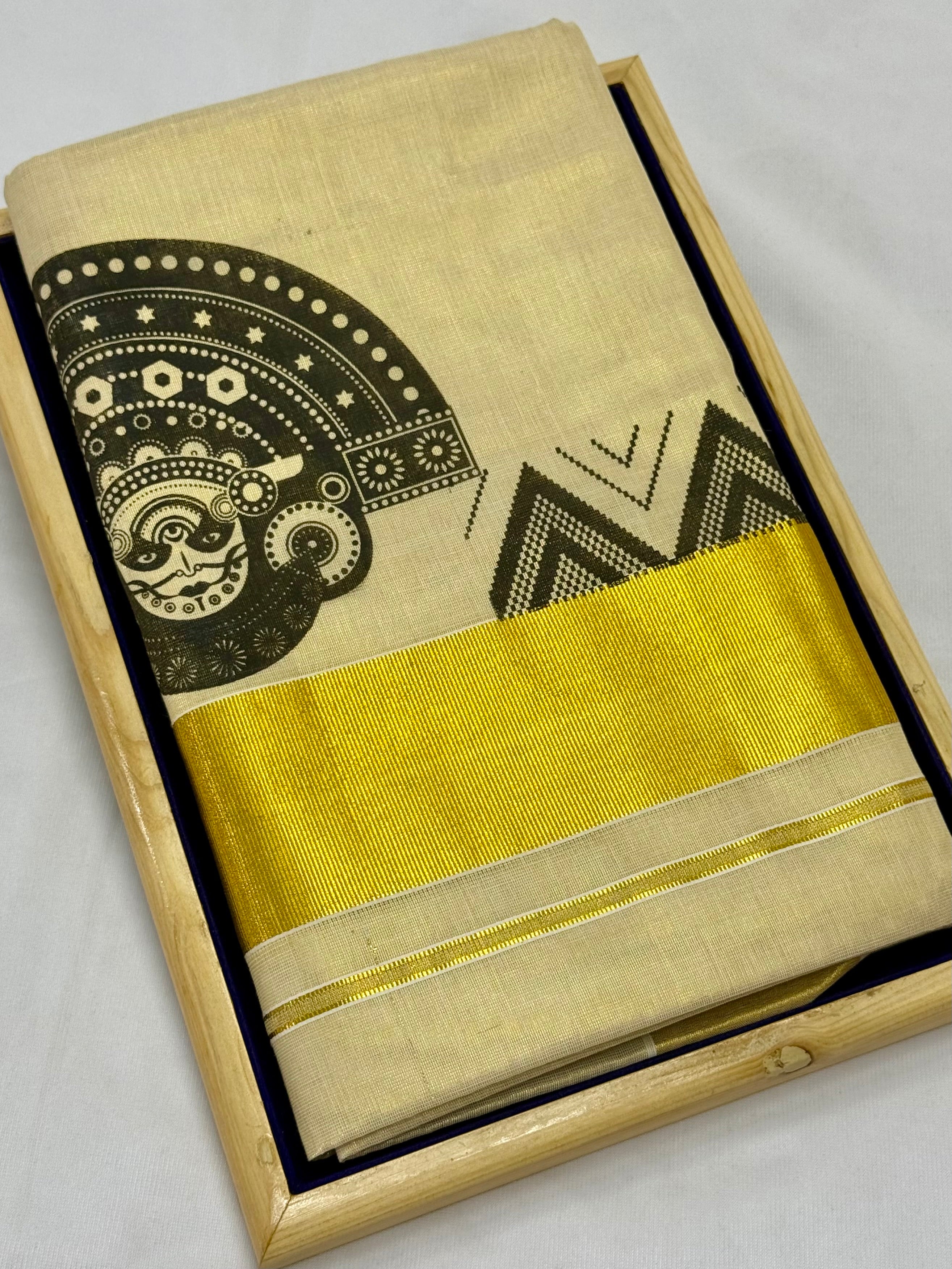 MURAL ART KASAVU TISSUE KERALA SAREE (GOLD,CREAM)