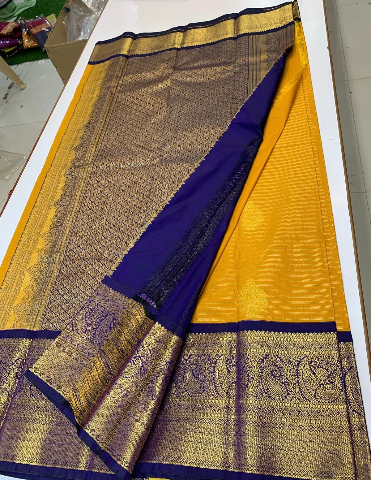 SEMI KANCHI SILK SAREE - AMBER & NAVY BLUE