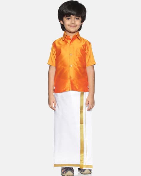 KIDS BOYS VELCRO DHOTI & SHIRT COMBO SET - ORANGE