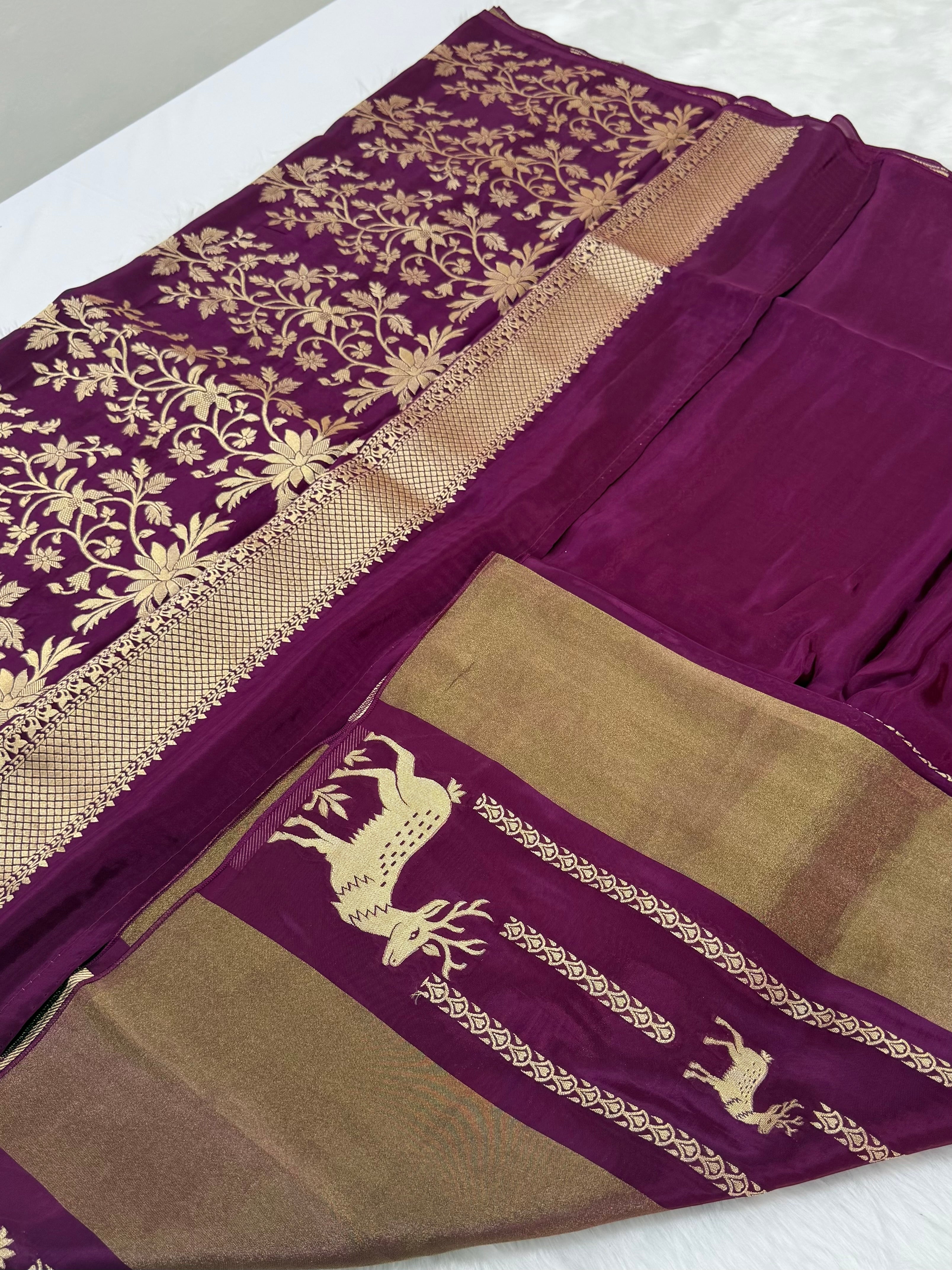 PREMIUM DEER EMBOSSED CHINON CREPE SAREES - DEEP WINE