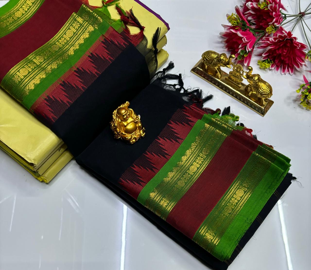 PURE  KANCHI COTTON SAREES - BLACK