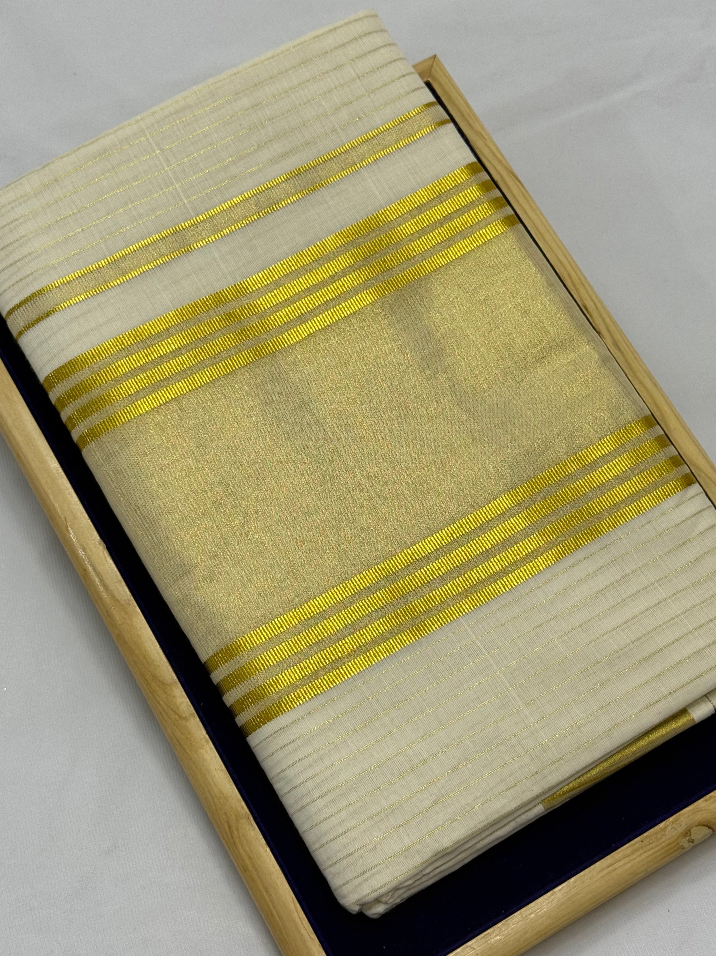 KERALA STRIPES KASAVU TISSUE SAREE - (GOLD,OFF WHITE)