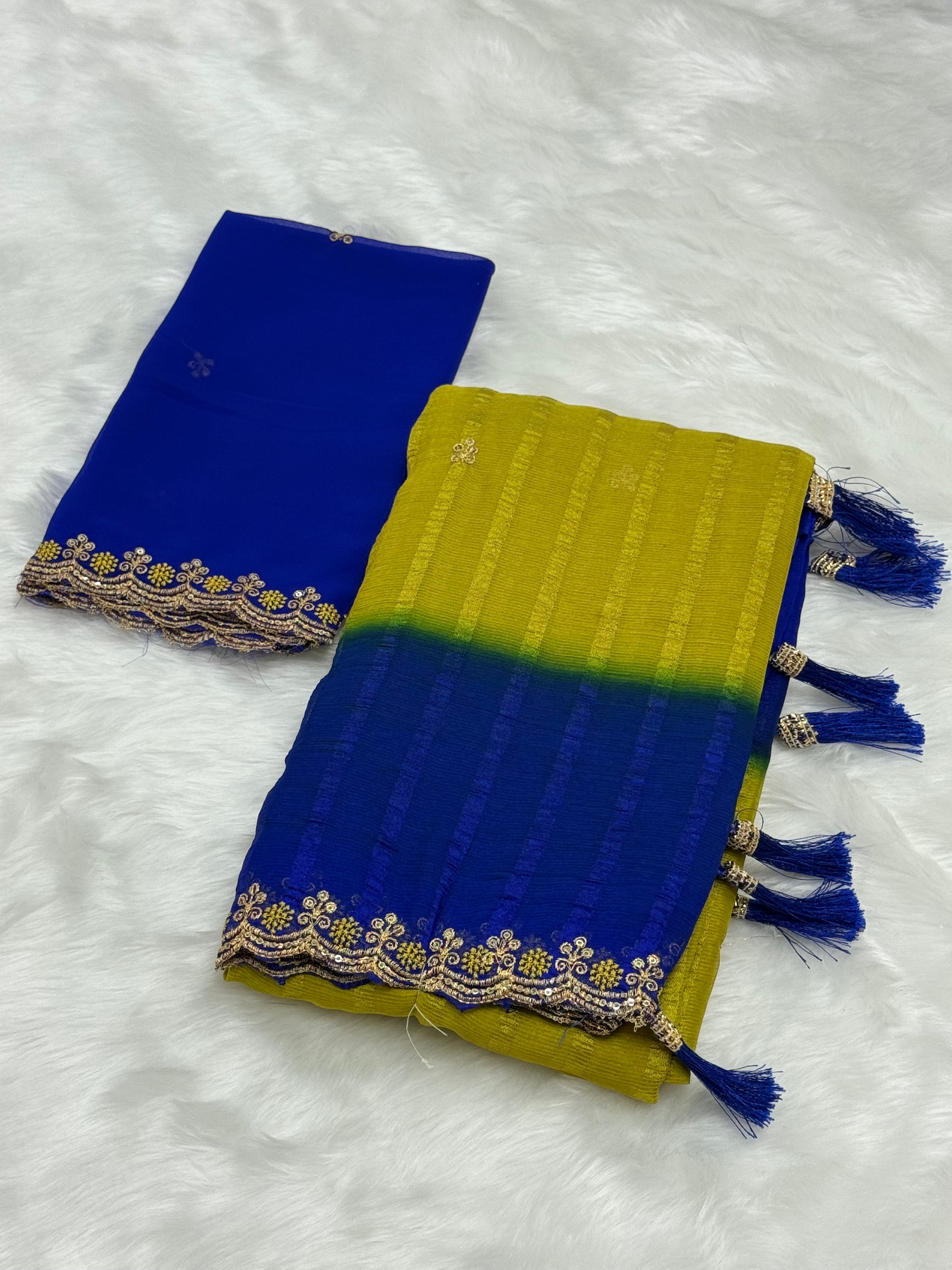 DESIGNER CHIFFON SAREE WITH BLOUSE PIECE -GREEN & ROYAL BLUE