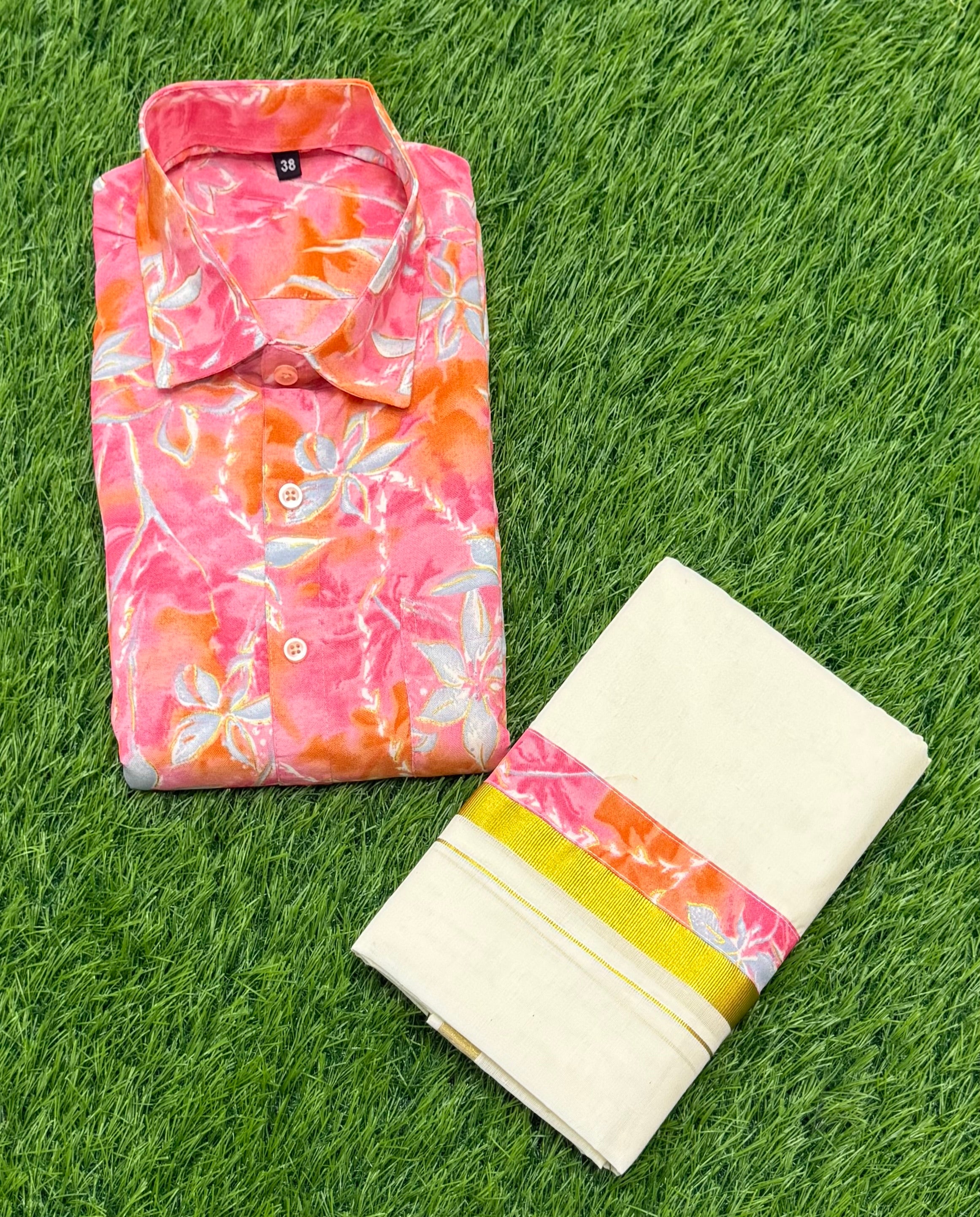 KANI KONNA SHIRT WITH CREAM PRINTED MUNDU COMBO - PINK
