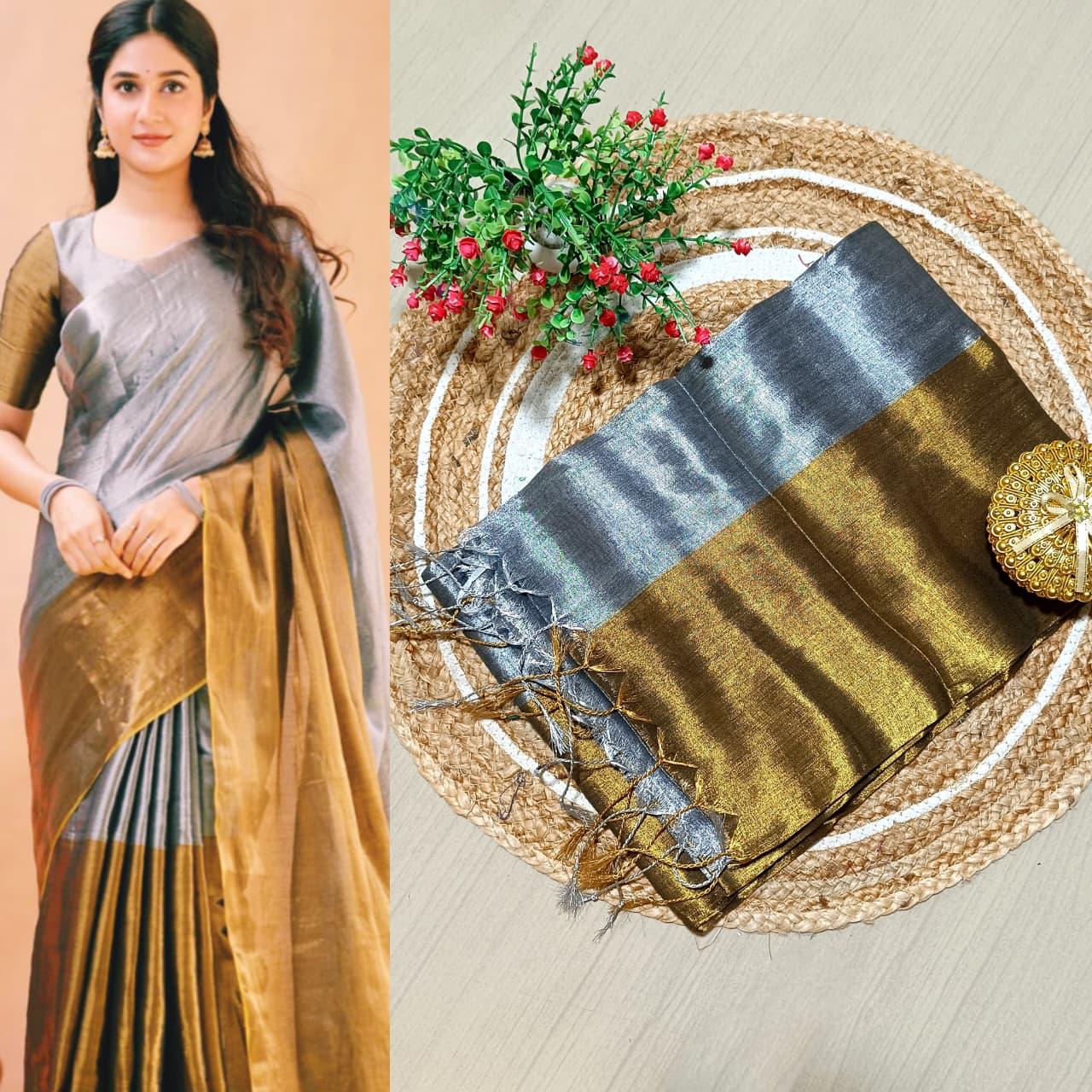 RAGA TISSUE HALF AND HALF SOFT SILK SAREE - GOLD &GREY
