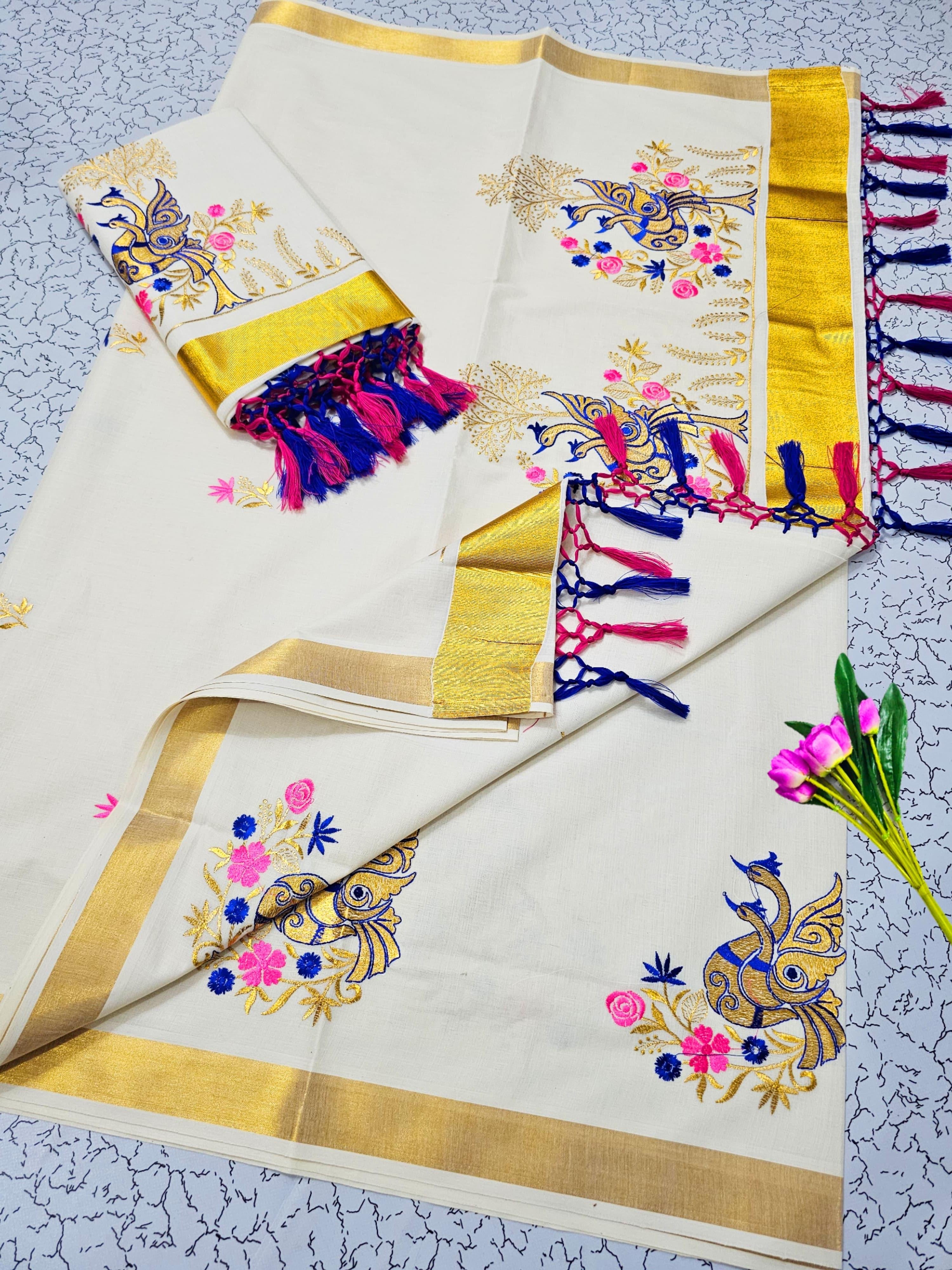 KERALA FANCY PEACOCK EMBROIDERY SAREE (GOLD,BEIGE)