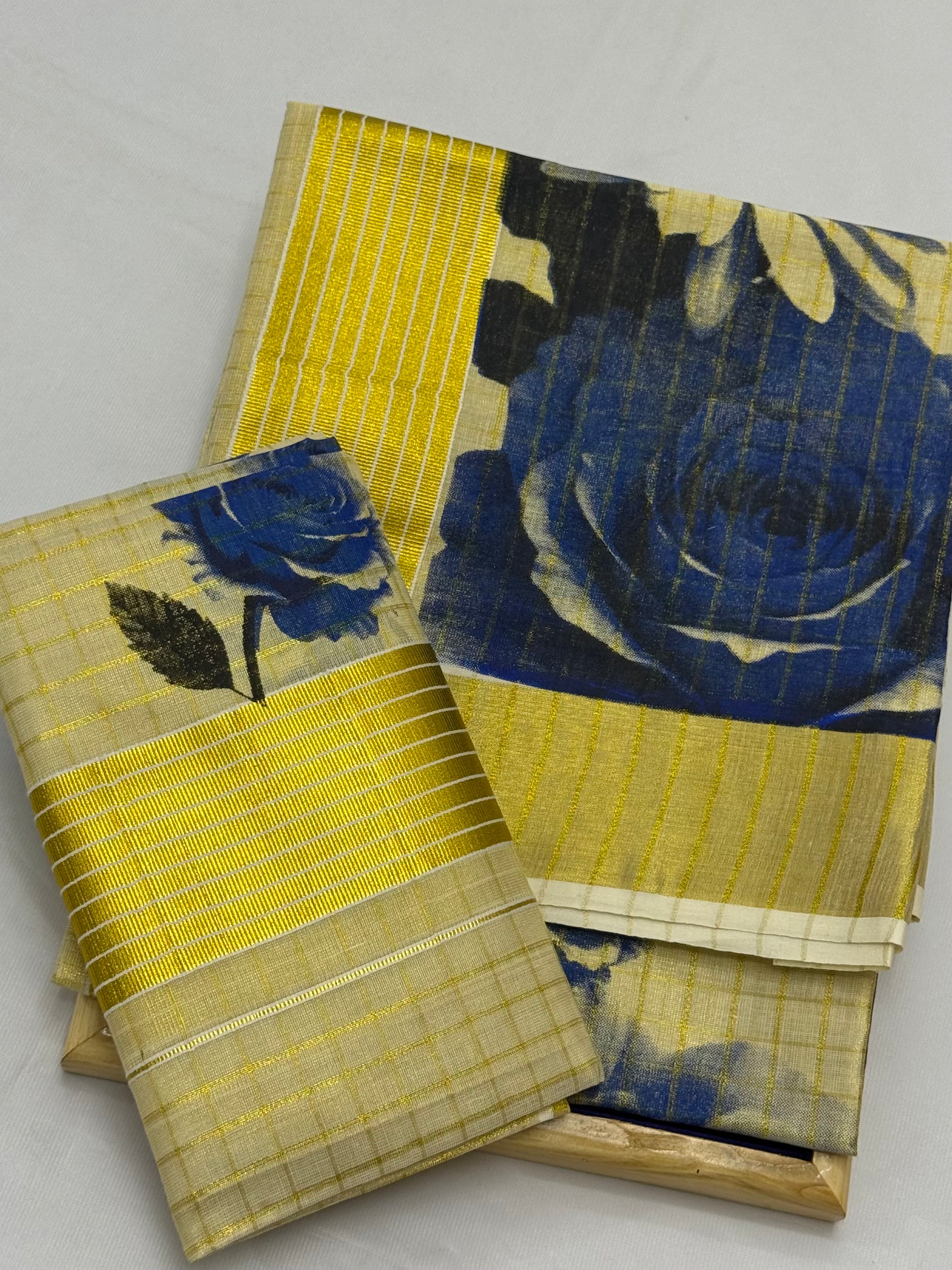 FLORAL TISSUE SINGLE SET MUNDU (MUNDUM NERIYATHUM) - 2 X 2.80 MTRS - (CREAM,GOLD)