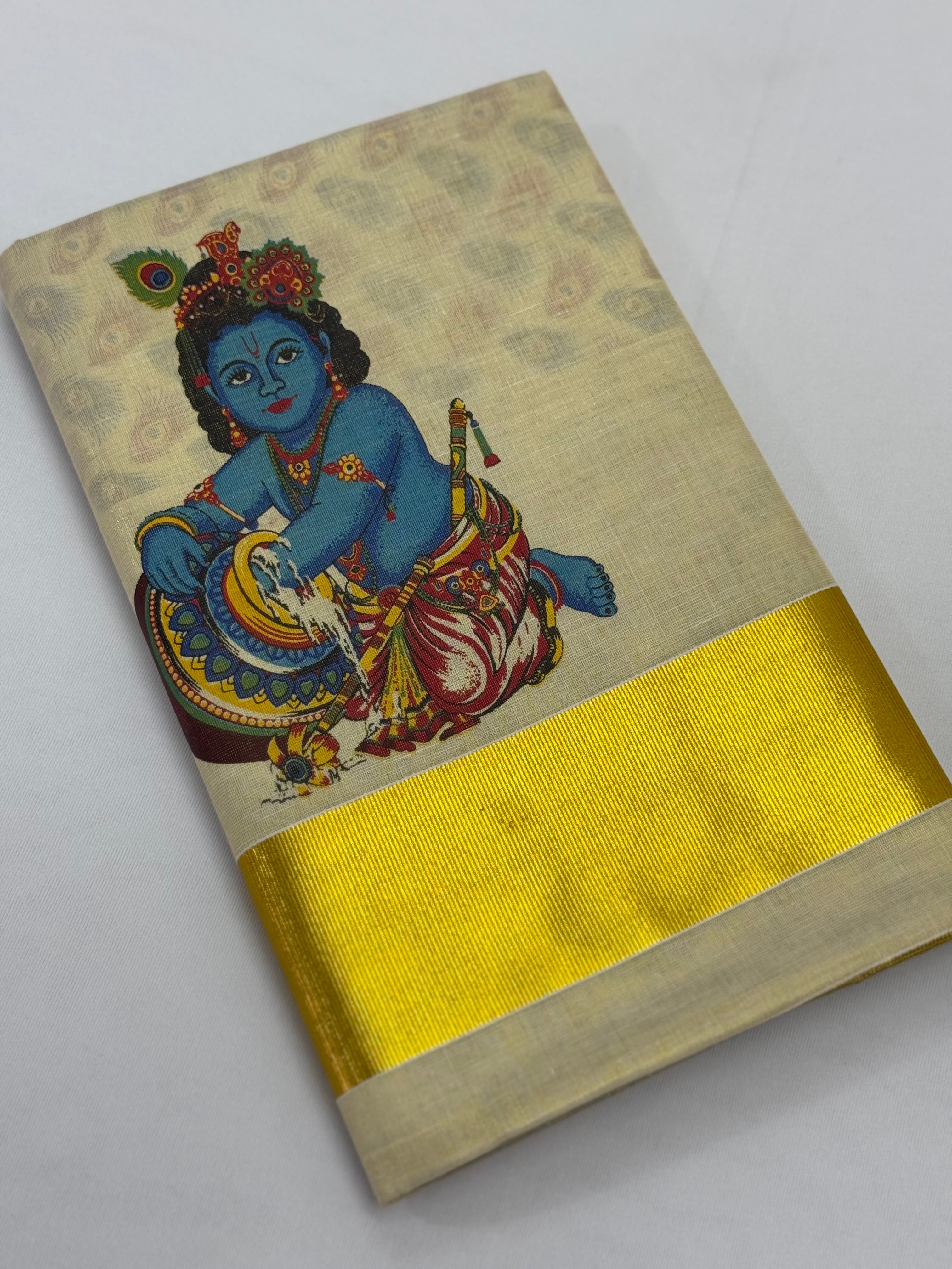 MURAL PAINTED/PRINTED KASAVU TISSUE SAREE (GOLD)