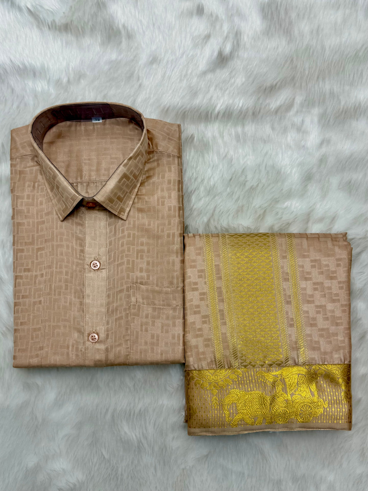 COPPER COLOURED SEMI SILK WEDDING SHIRT, DHOTI, FEATURING A GOLD ZARI BORDER - VELCRO