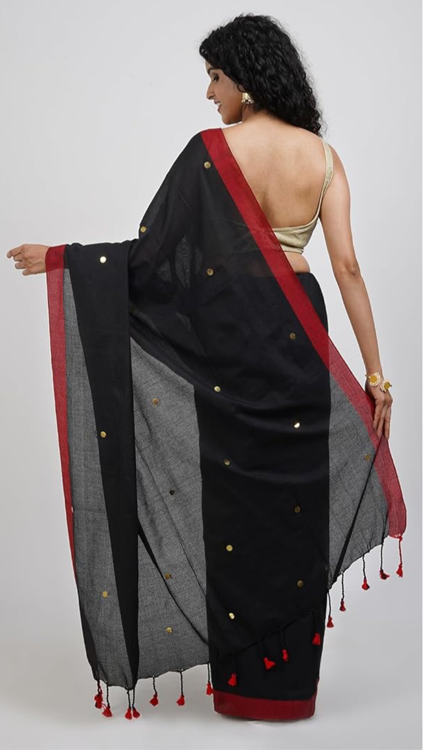 HANDLOOM PURE COTTON MIRROR WORK SAREE - BLACK