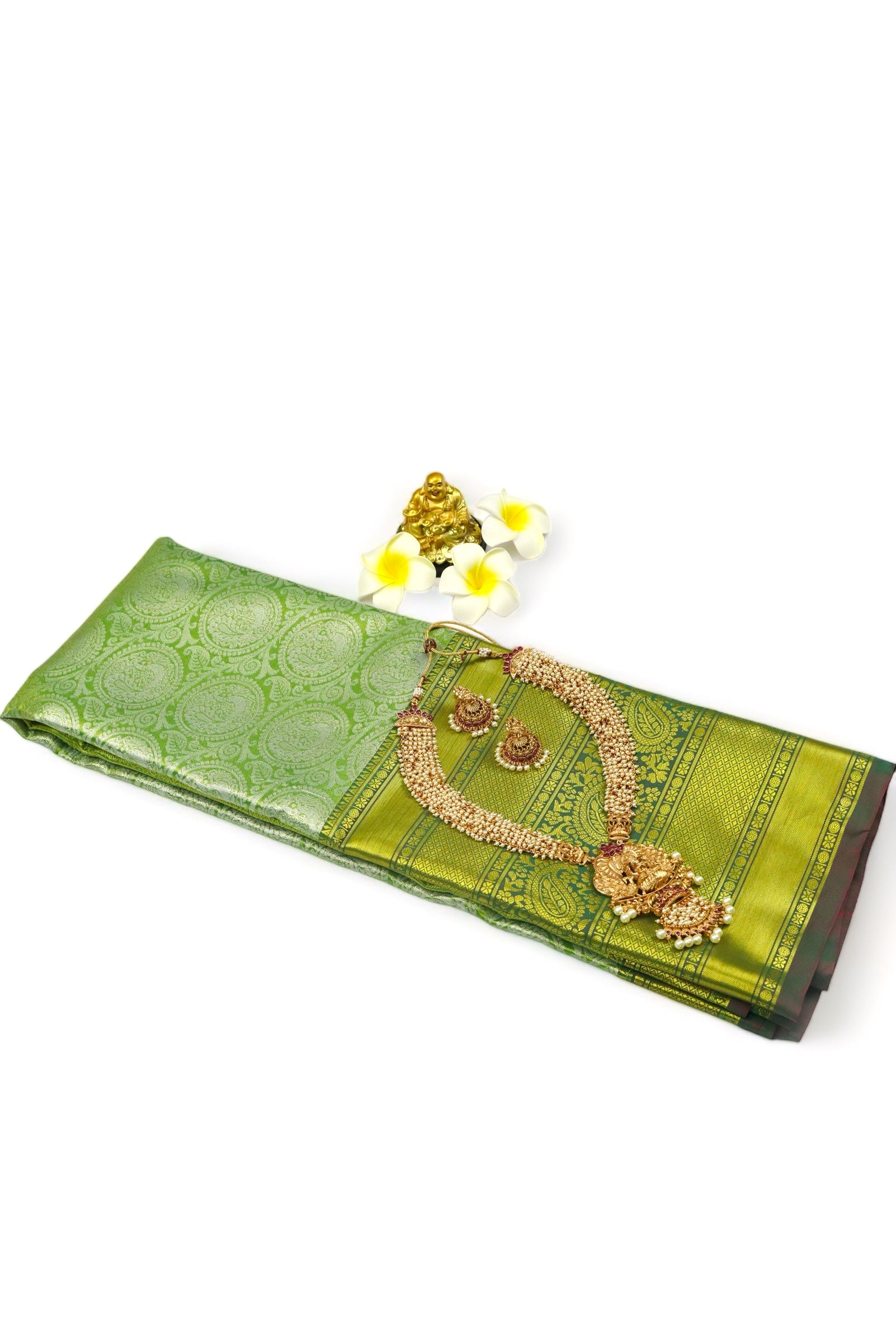 OLIVE GREEN WIDE BORDER TISSUE SILK SAREE