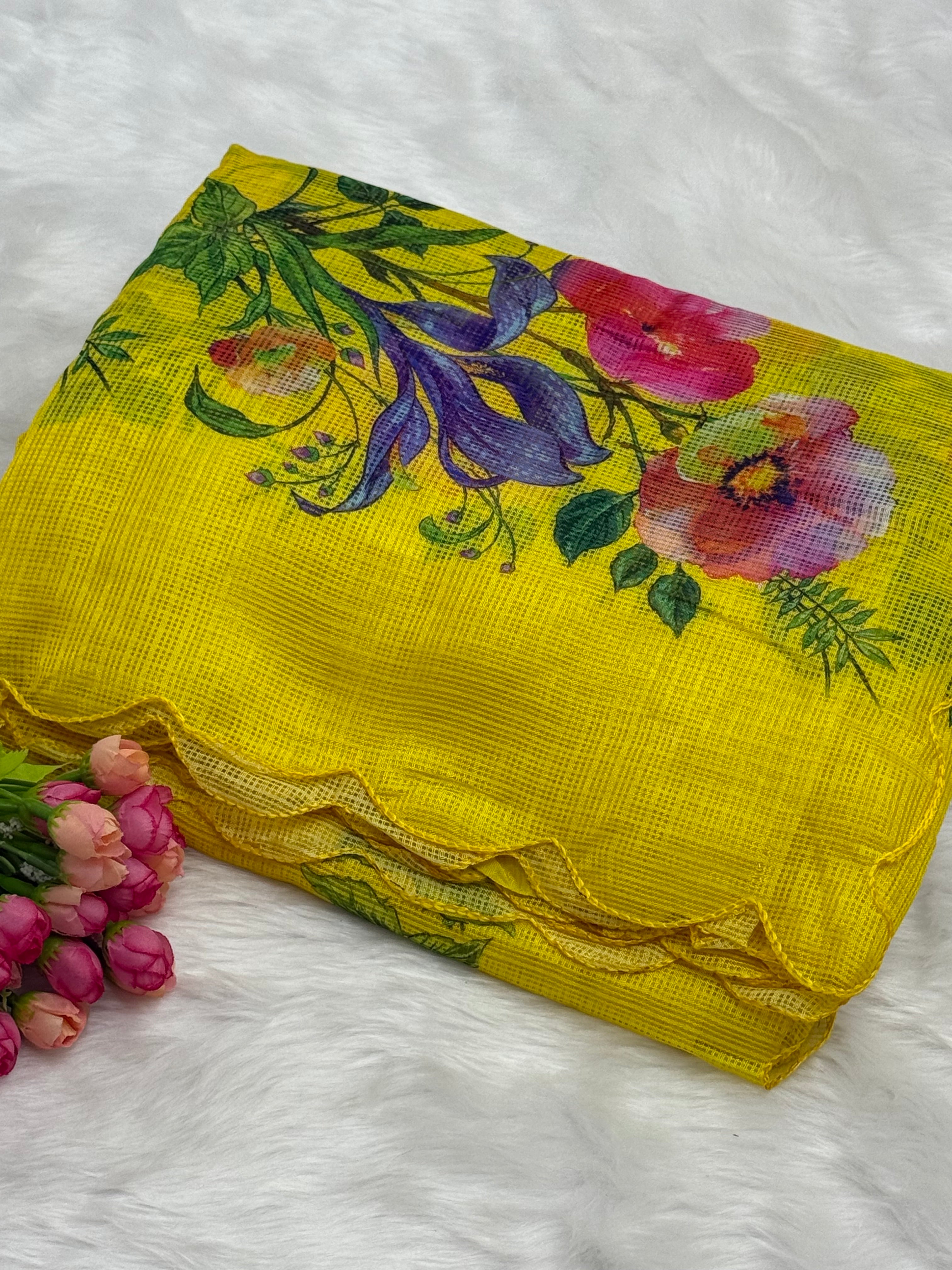 FANCY CHANDERI COTTON SILK SAREE - YELLOW