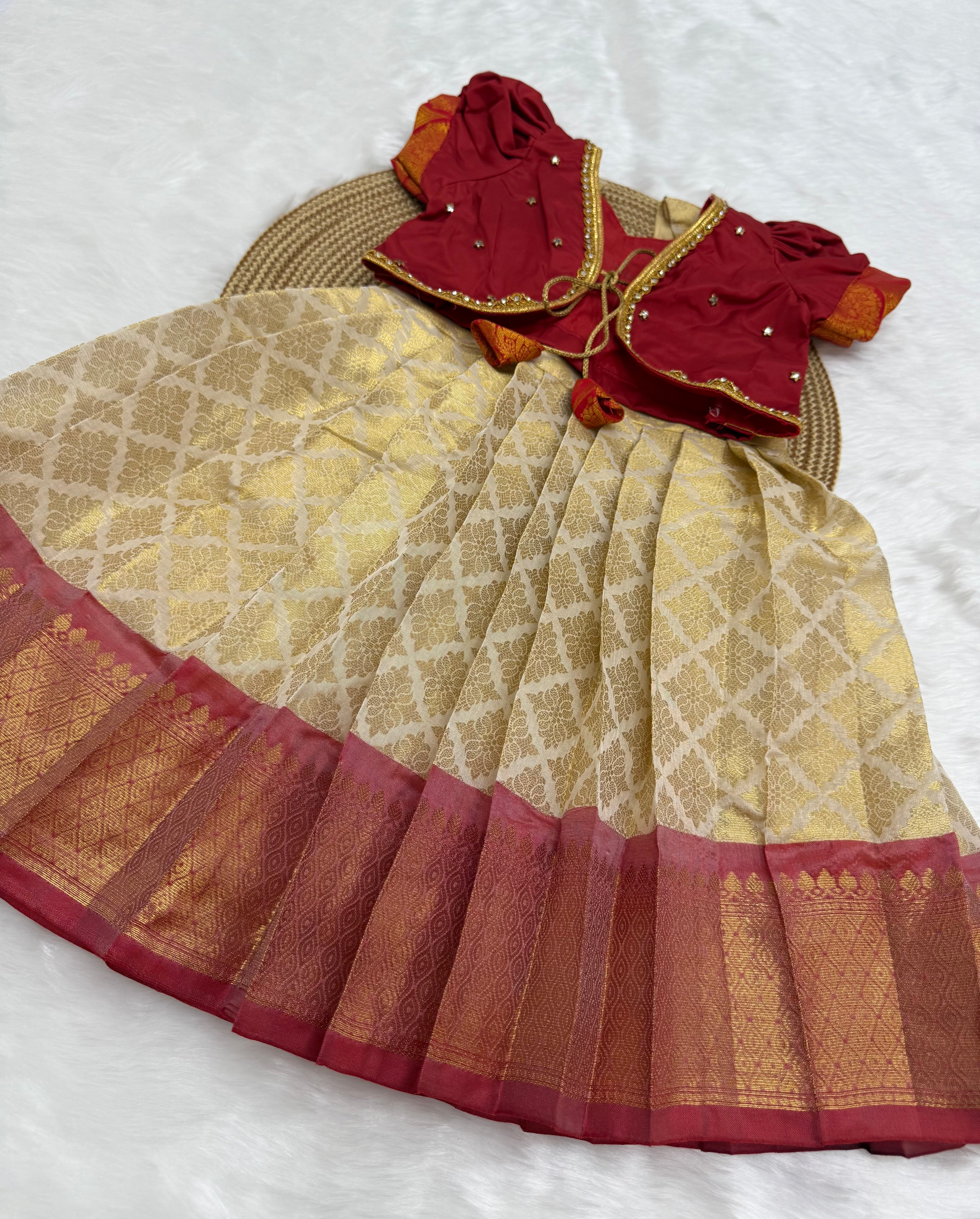 CREAM & GOLD PATTU PAVADAI WITH MAROON BLOUSE | KIDS TRADITIONAL SILK DRESS