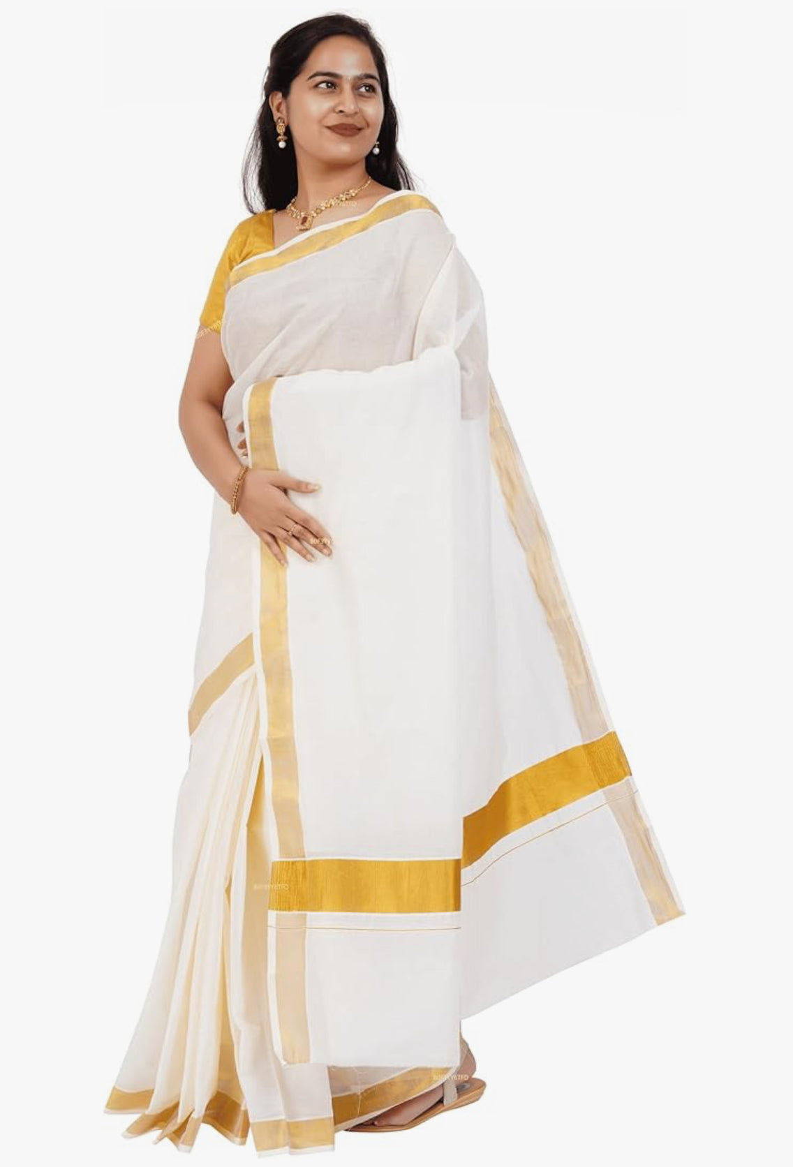 KASAVU COTTON OFF WHITE SAREE - GOLD BORDER