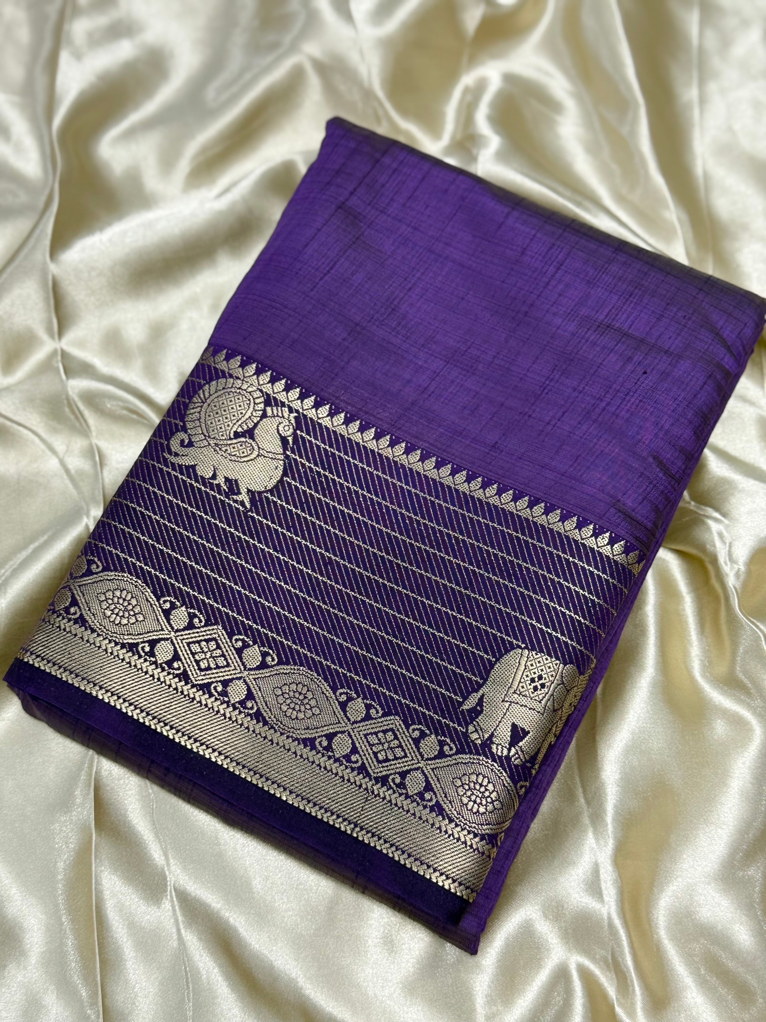 RAW SILK SAREE WITH BENTEX KALAMKARI BORDER - EGGPLANT