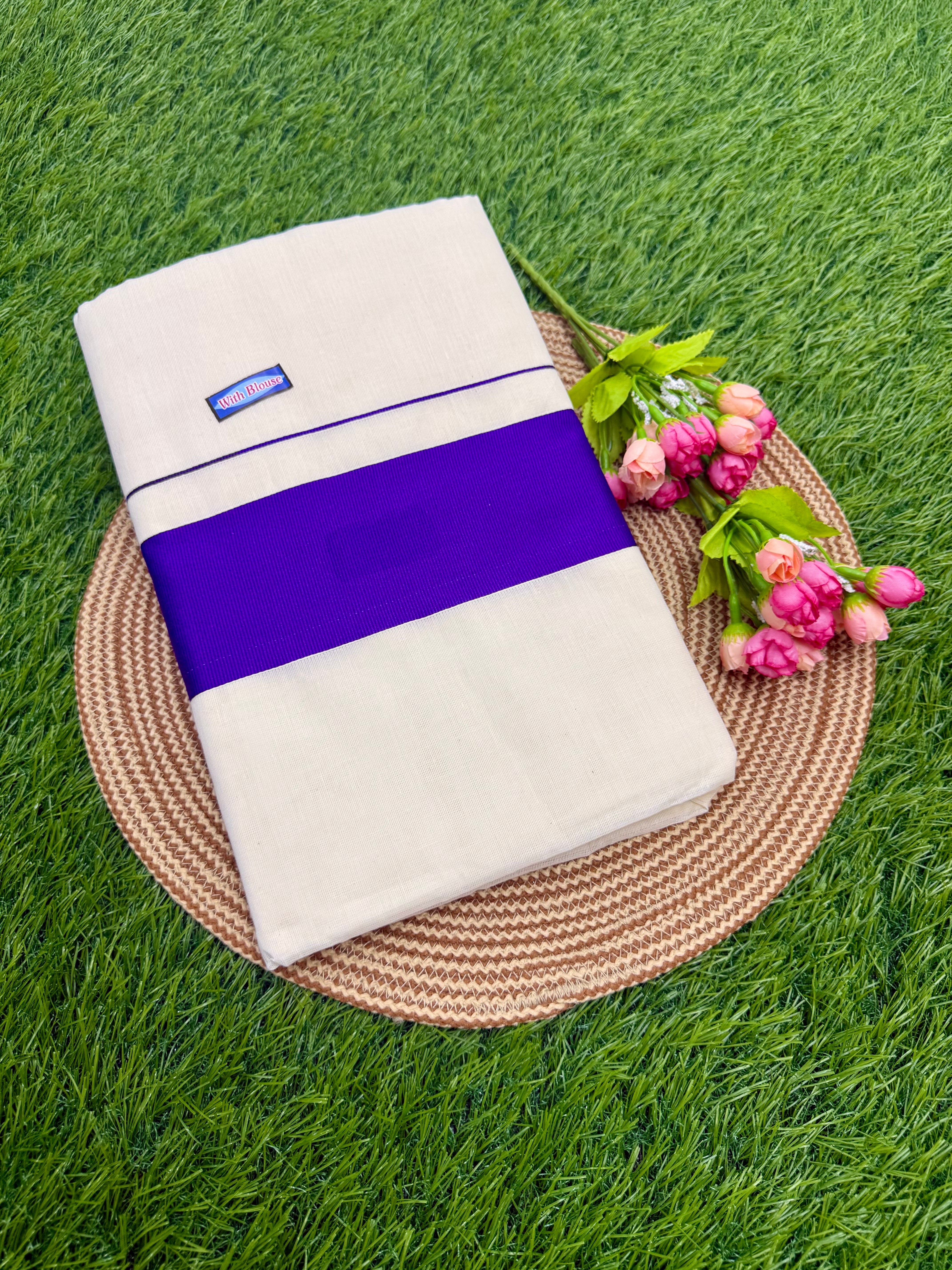 KASAVU COTTON OFF WHITE SAREE - PURPLE