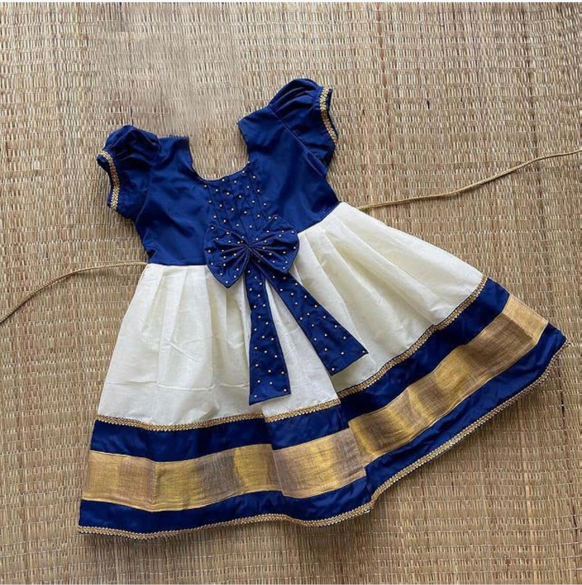 BABY GIRLS A-LINE MIDI PATTU PAVADAI DRESS IN BLUE & OFFWHITE