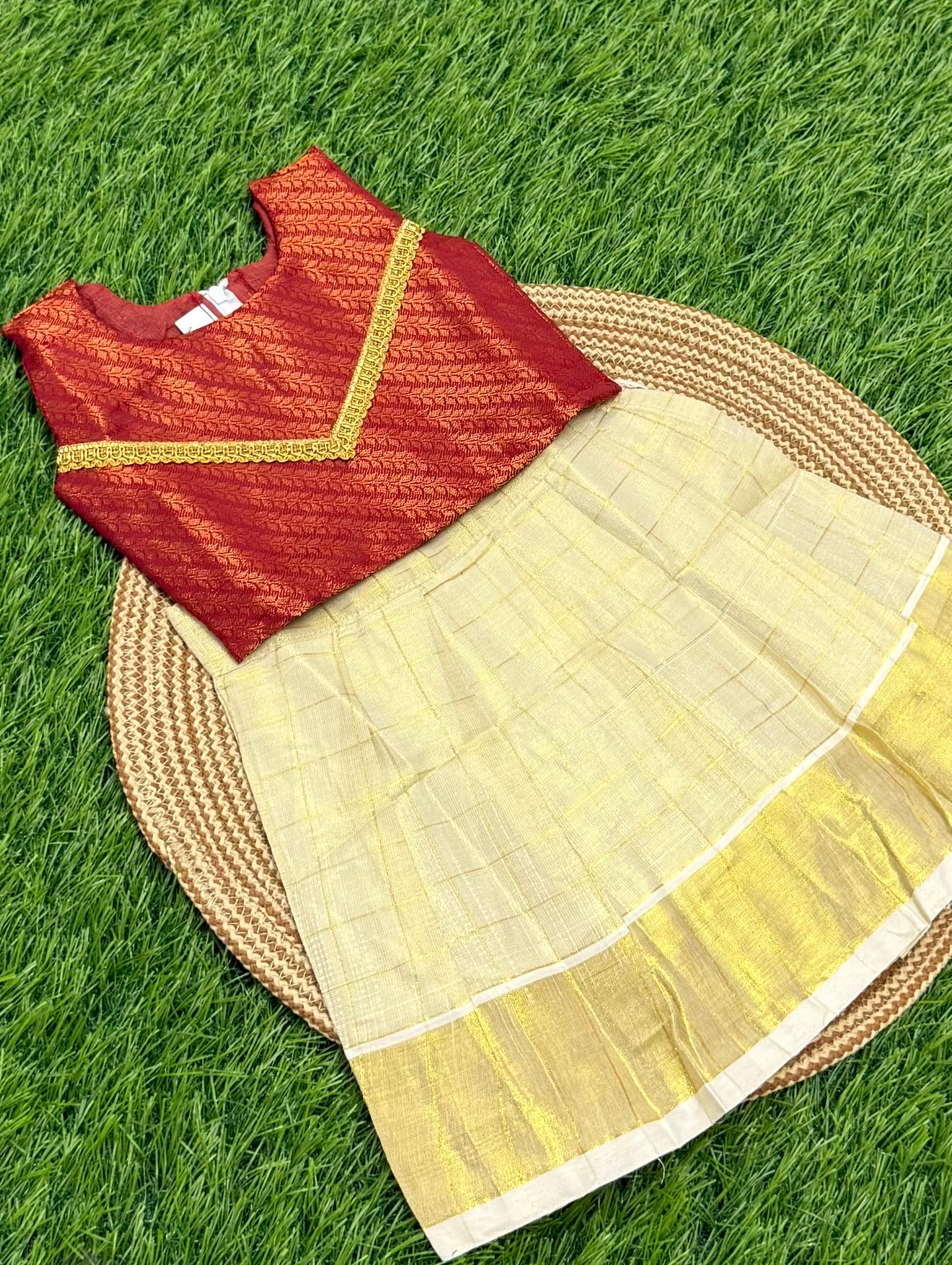 GIRL BABY  SILK TOP & KASAVU SKIRT - MAROON & CREAM