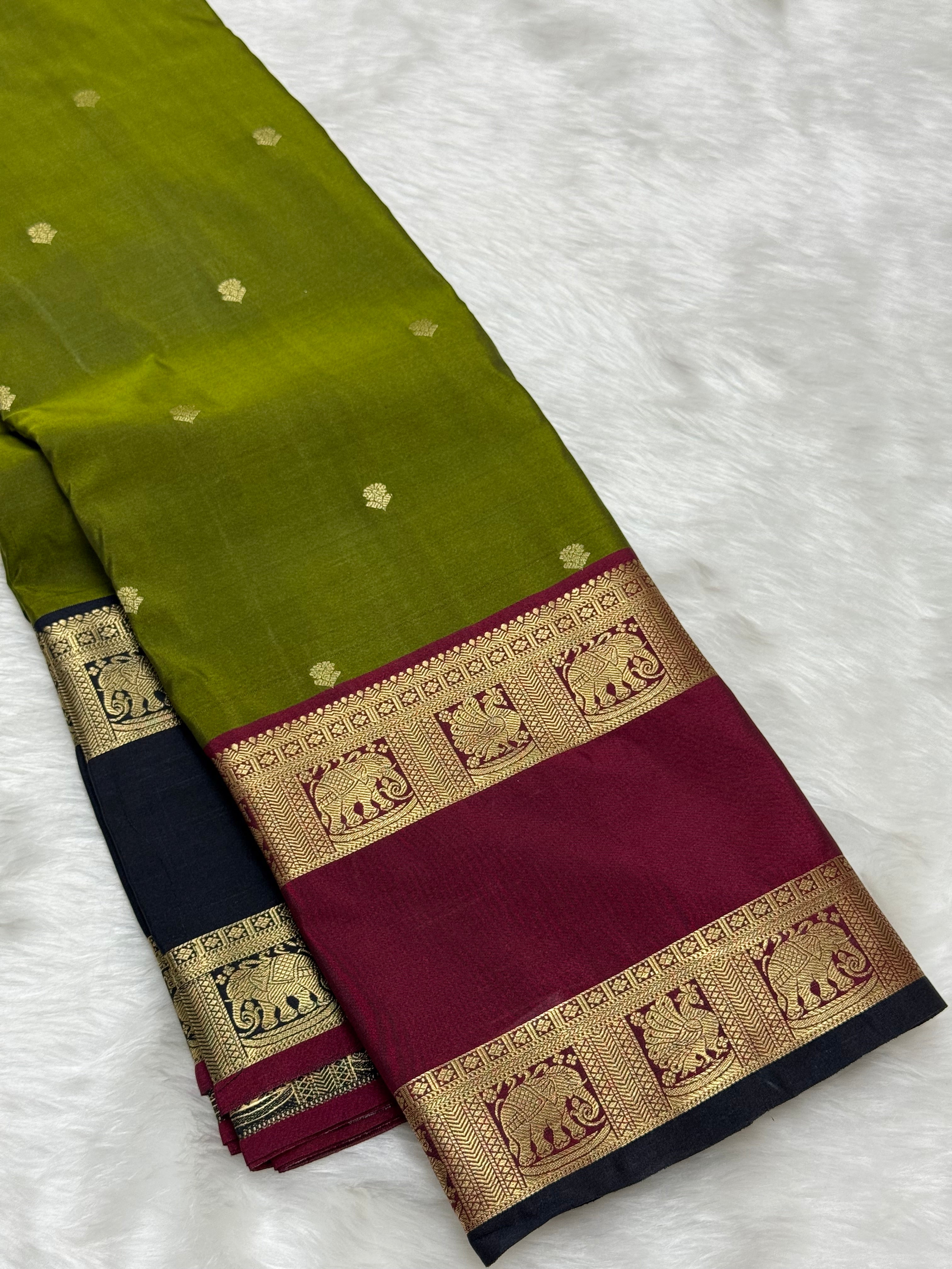 PREMIUM SEMI KANCHI SILK SAREE - DEEP OLIVE GREEN