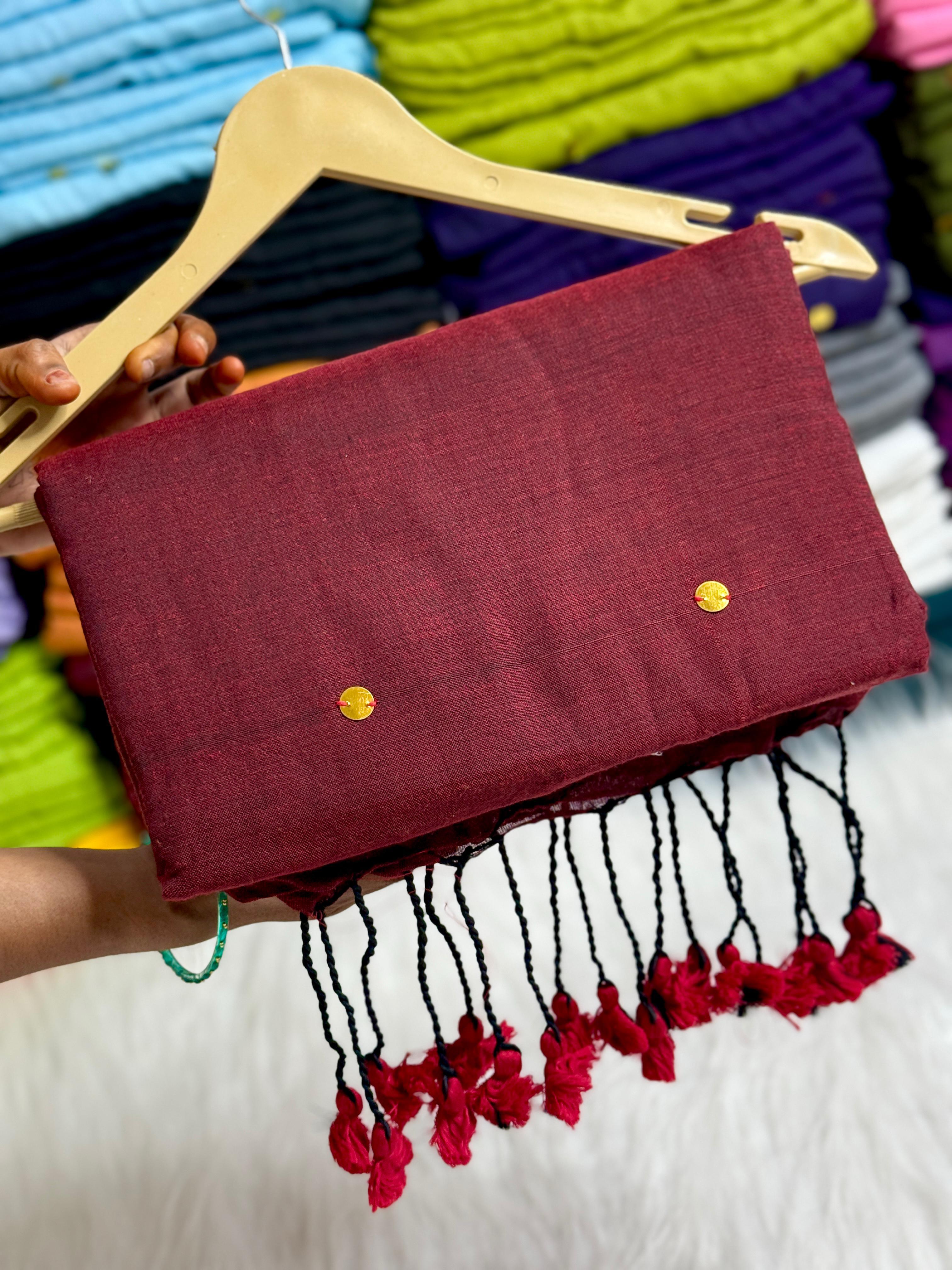PURE KHADI MIRROR WORK COTTON SAREES - MAROON