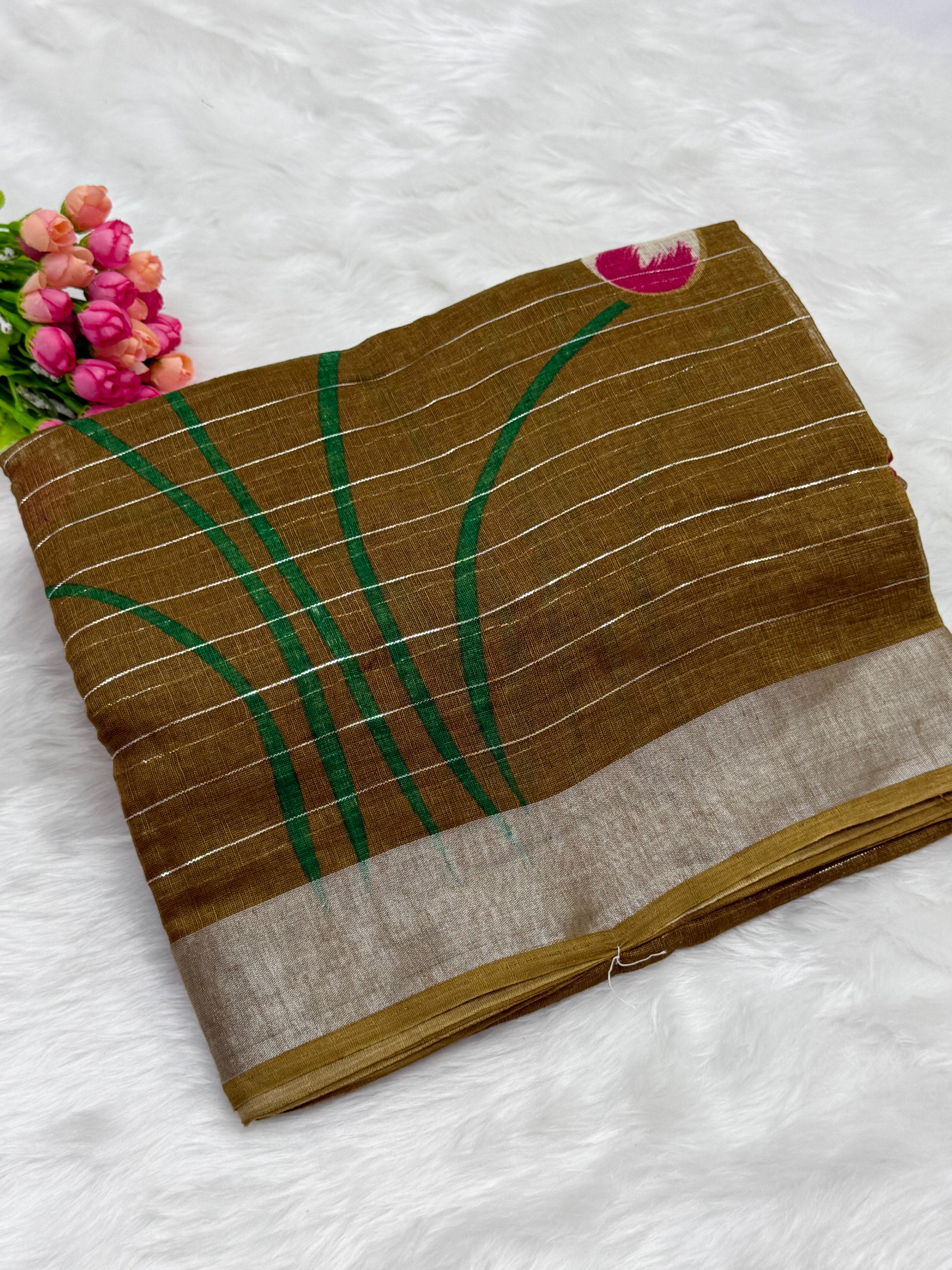 PREMIUM LINEN COTTON SILK SAREE - PEANUT BROWN