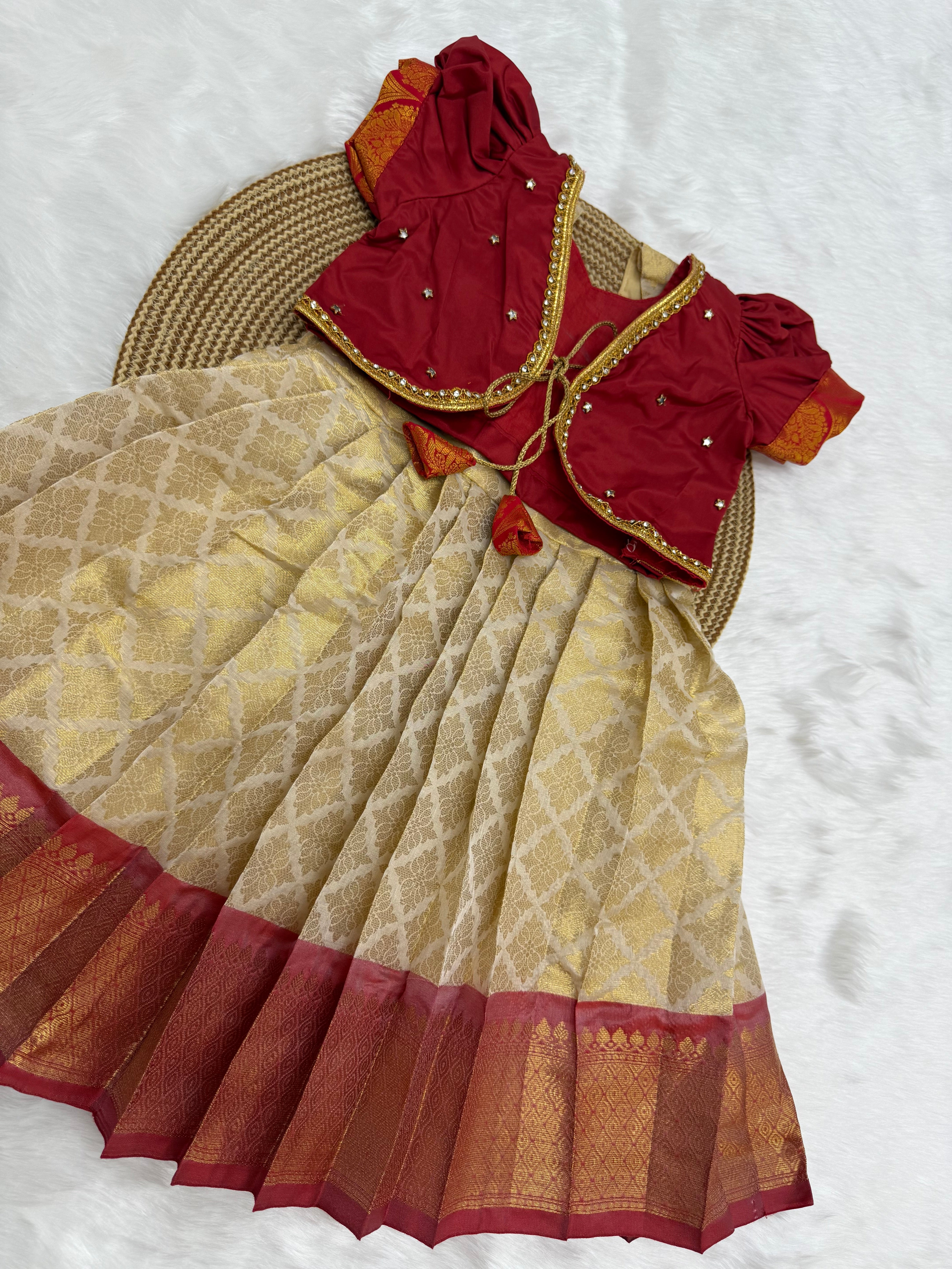 CREAM & GOLD PATTU PAVADAI WITH MAROON BLOUSE | KIDS TRADITIONAL SILK DRESS