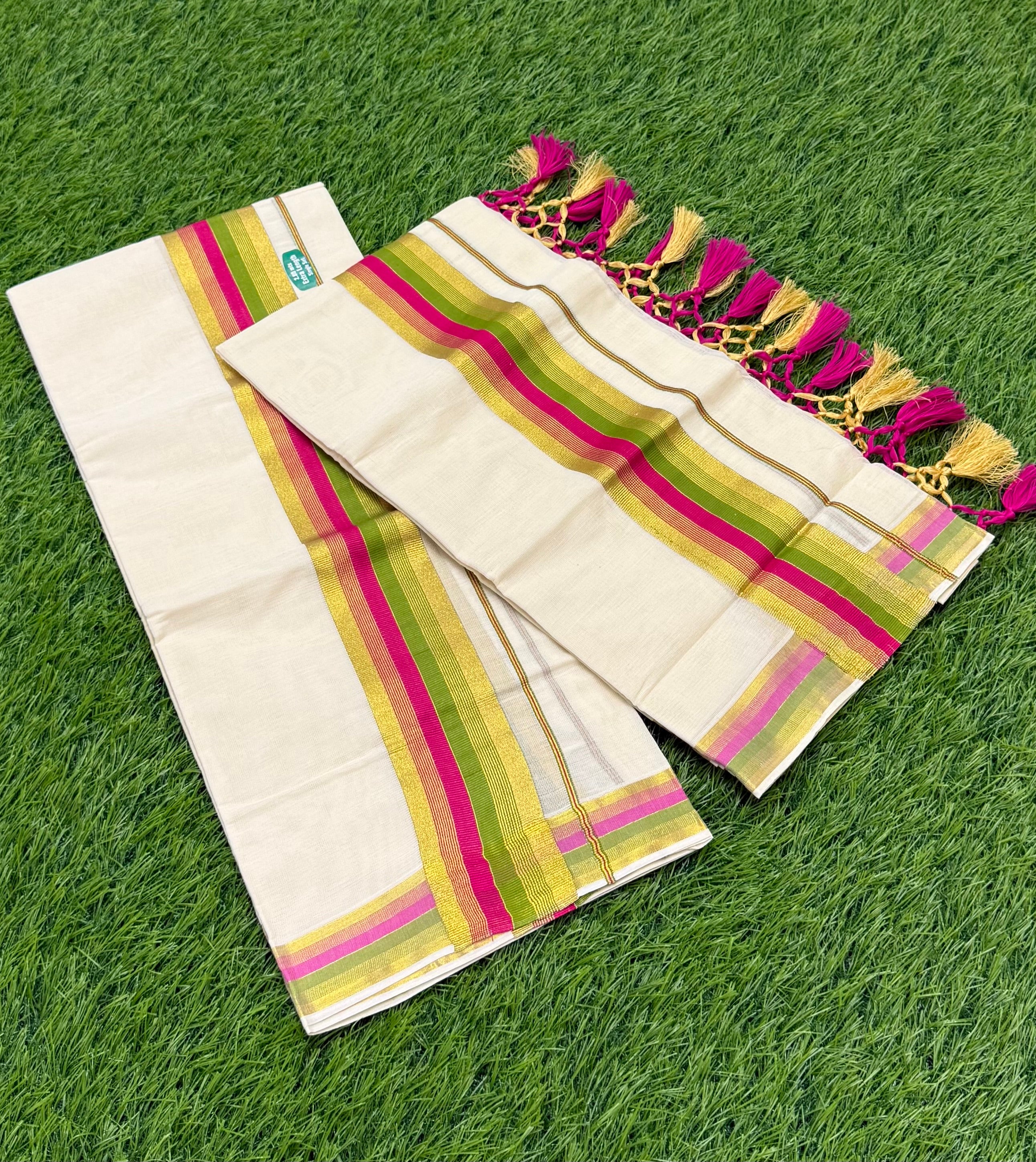 KASAVU COTTON FANCY BORDER SINGLE SET MUNDU (MUNDUM NERIYATHUM) - 2 X 2.80 MTRS - (OFF WHITE)