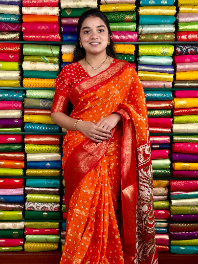 JUTE SILK ZARI LINES WITH BANDHINI PRINT ORANGE AND RED